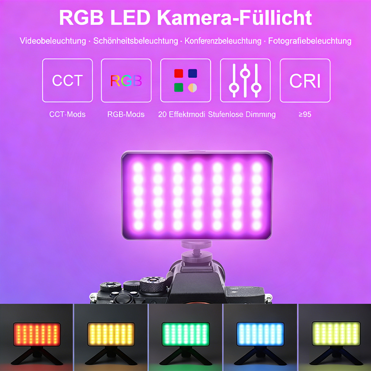 RGB LED-Kamera-Fülllicht mit versch. Modi, Stativ, violett beleuchtet.