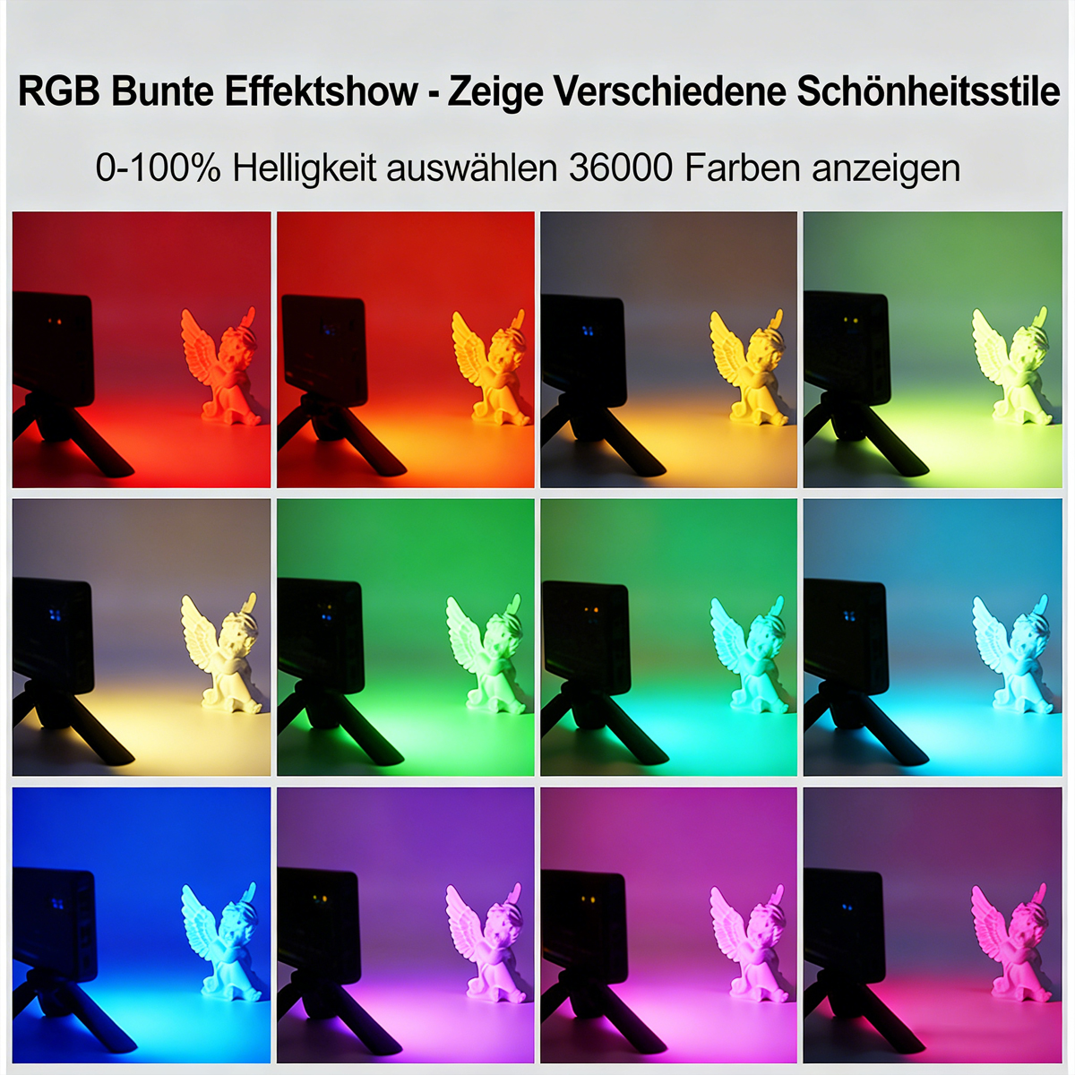 Widget mit Engel und wechselnden RGB-Lichtfarben von Rot bis Violett.