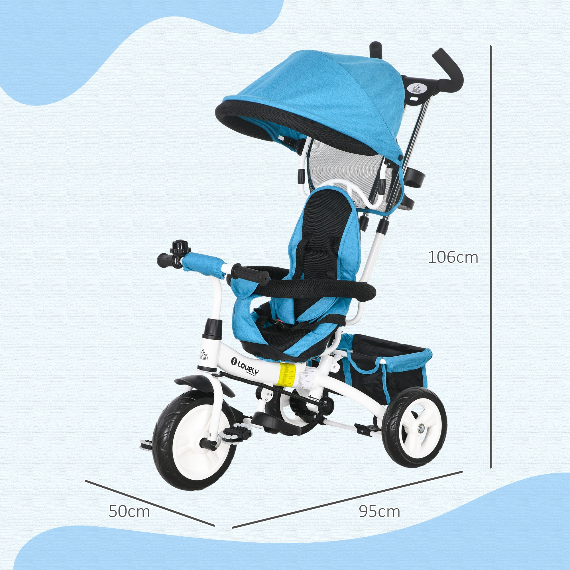 Triciclo infantil azul con capota, arnés de seguridad y cesta.
