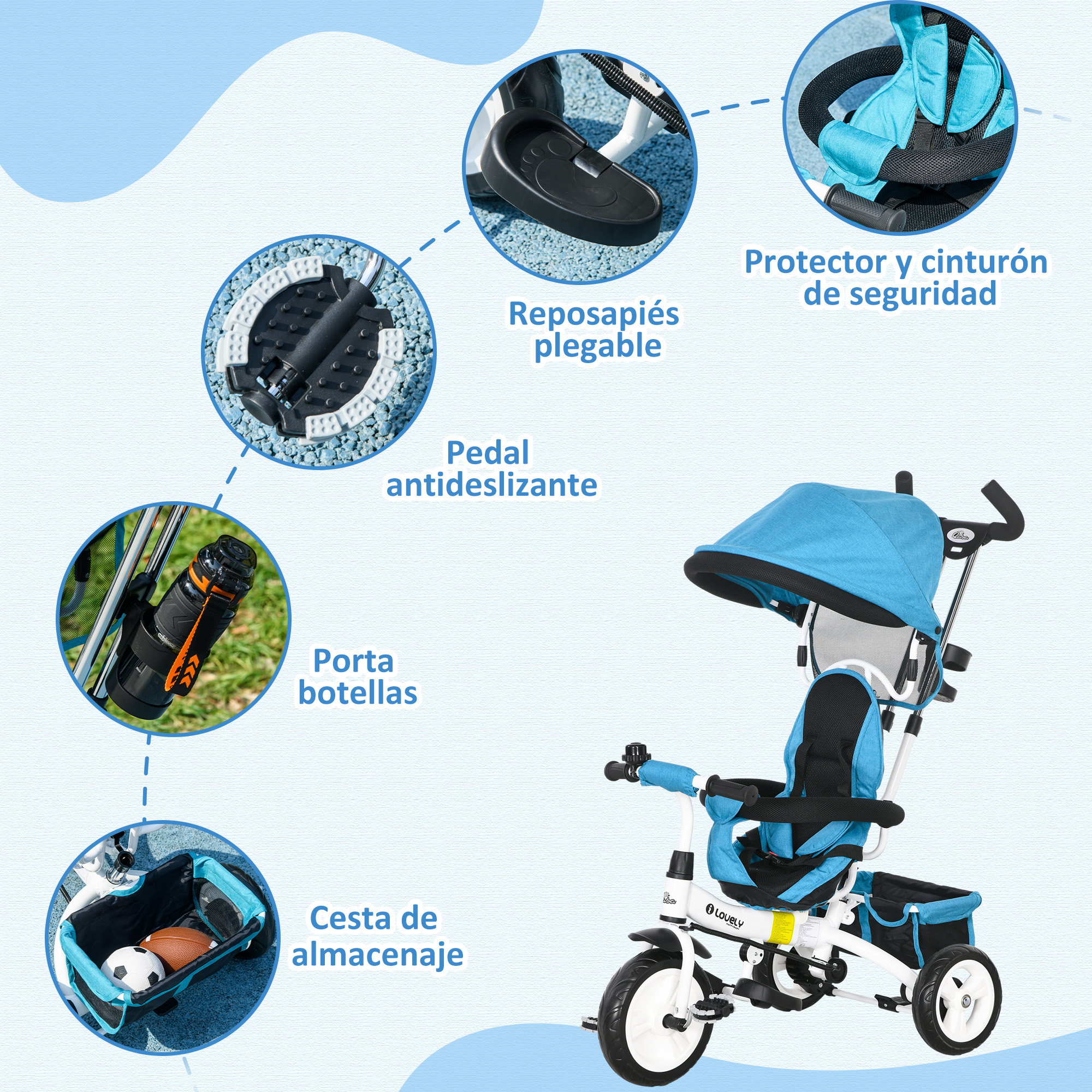 Un triciclo azul con cesta, portabebidas, pedales y arnés de seguridad.