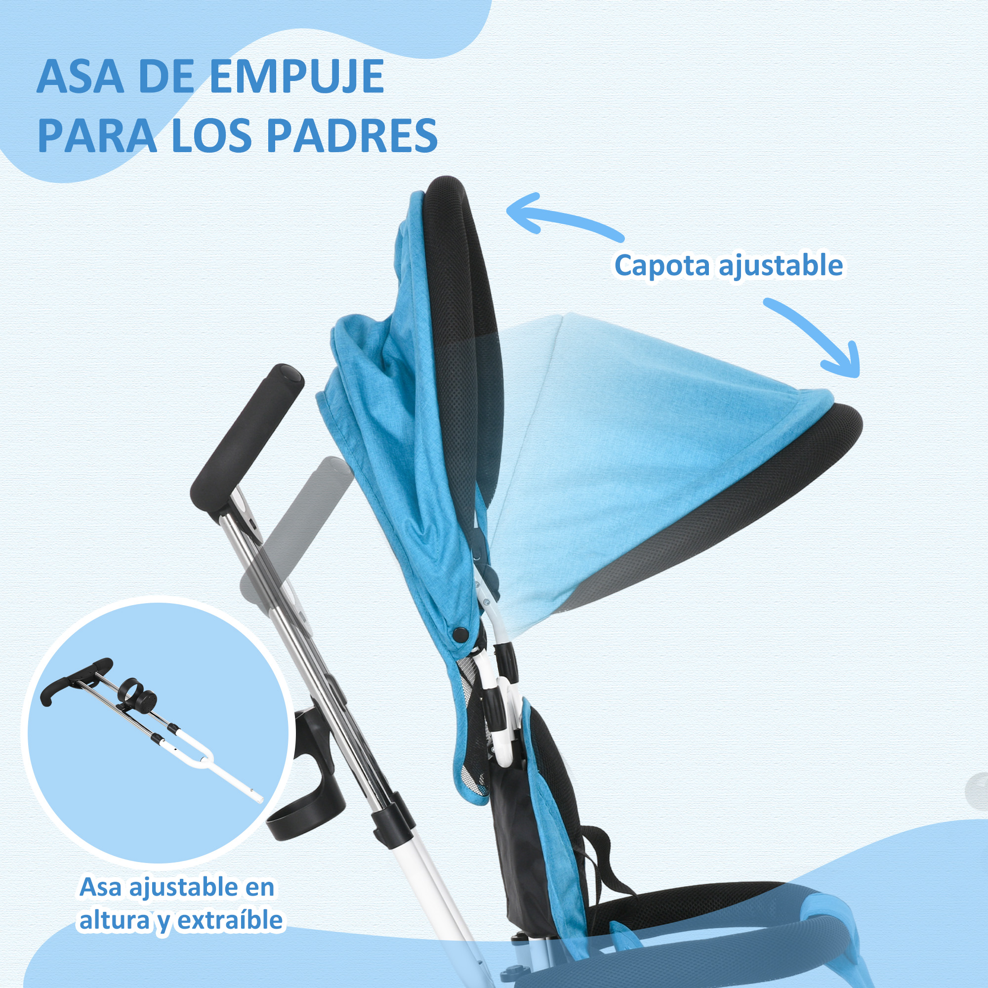 Un cochecito azul con capota y asa ajustables, mostrado de cerca.