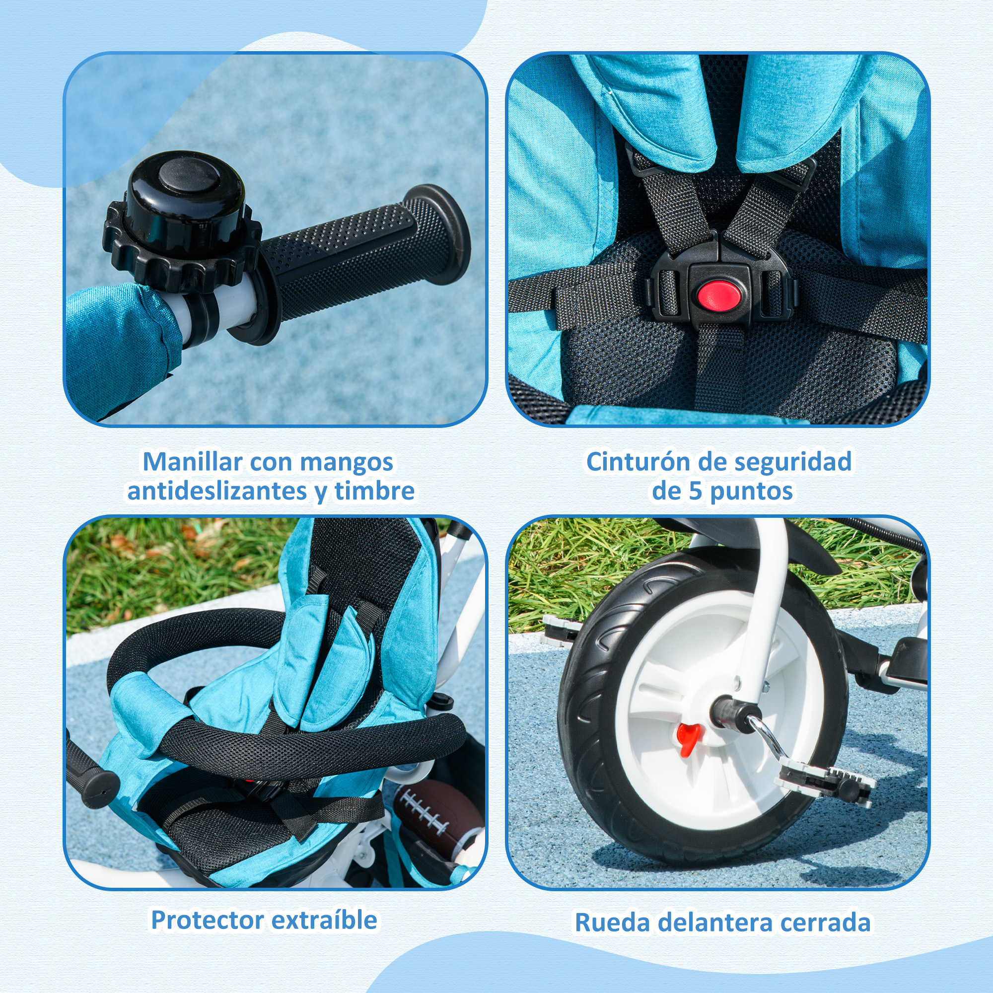 Cuatro primeros planos de un triciclo azul: manillar, arnés, barra y rueda.