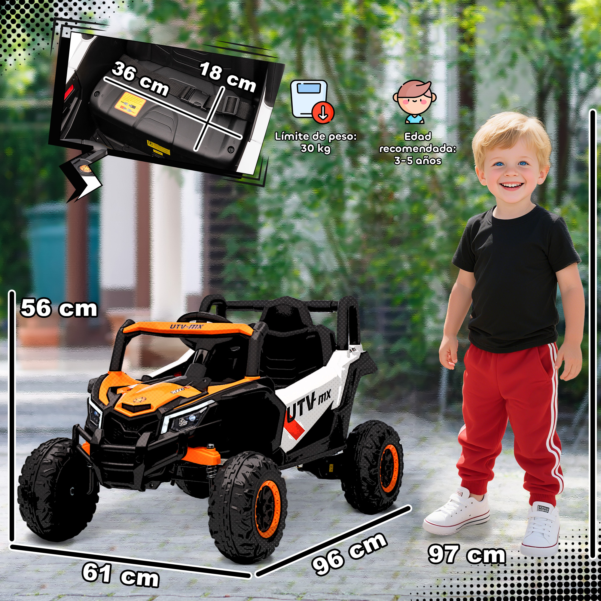 Un niño junto a un UTV eléctrico naranja y negro. Se muestran las medidas.