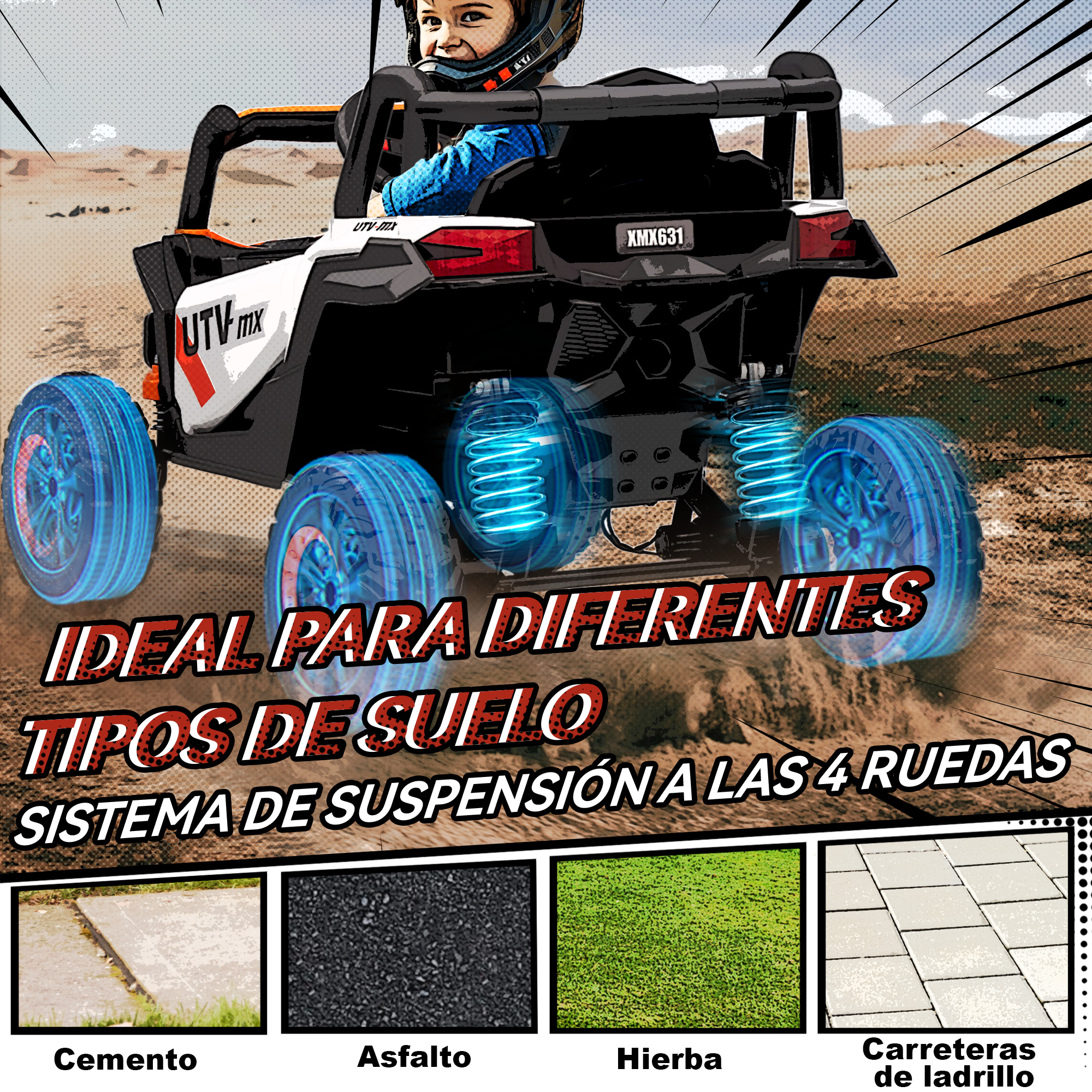 Un niño conduce un UTV con ruedas azules brillantes en un paisaje desértico.