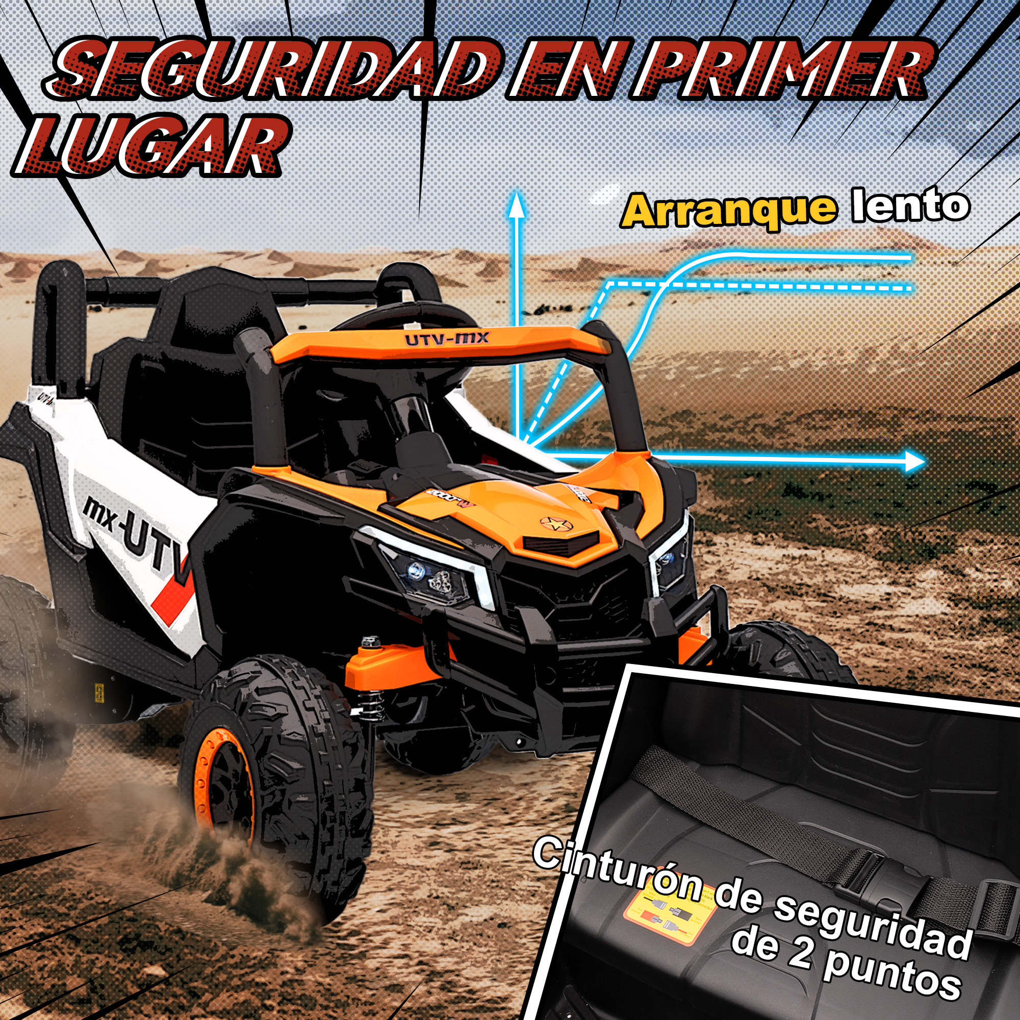 Un UTV naranja y negro conduce sobre suelo polvoriento, con gráficos.