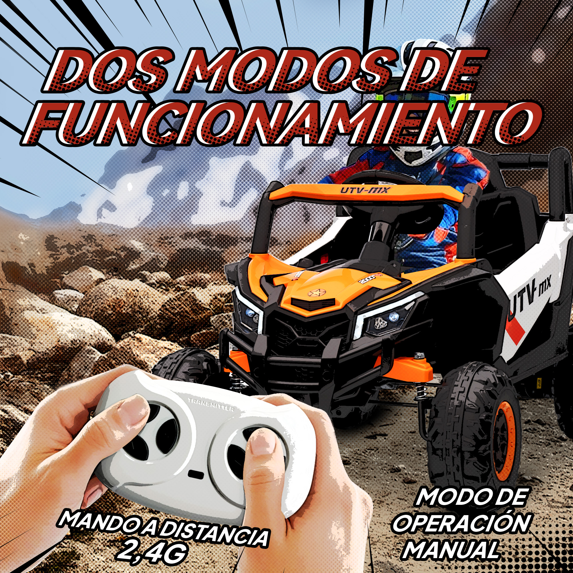 Un UTV naranja y negro con un mando a distancia en primer plano.