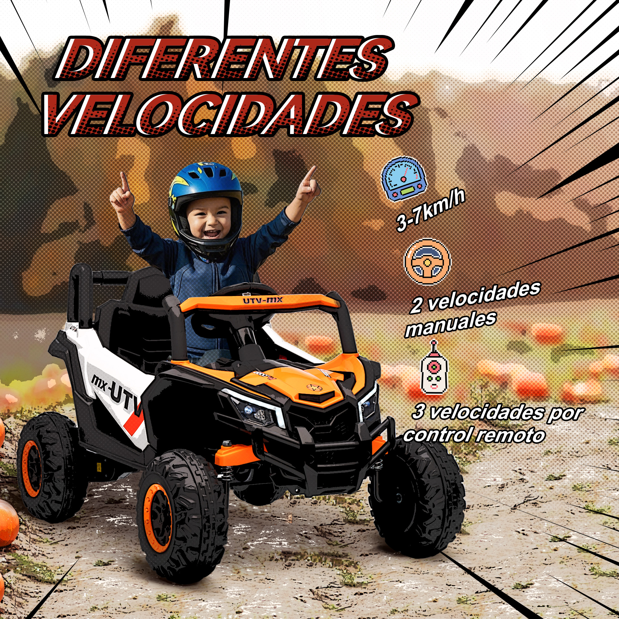 Un niño con casco azul monta un UTV naranja y negro con 'mx-UTV'.