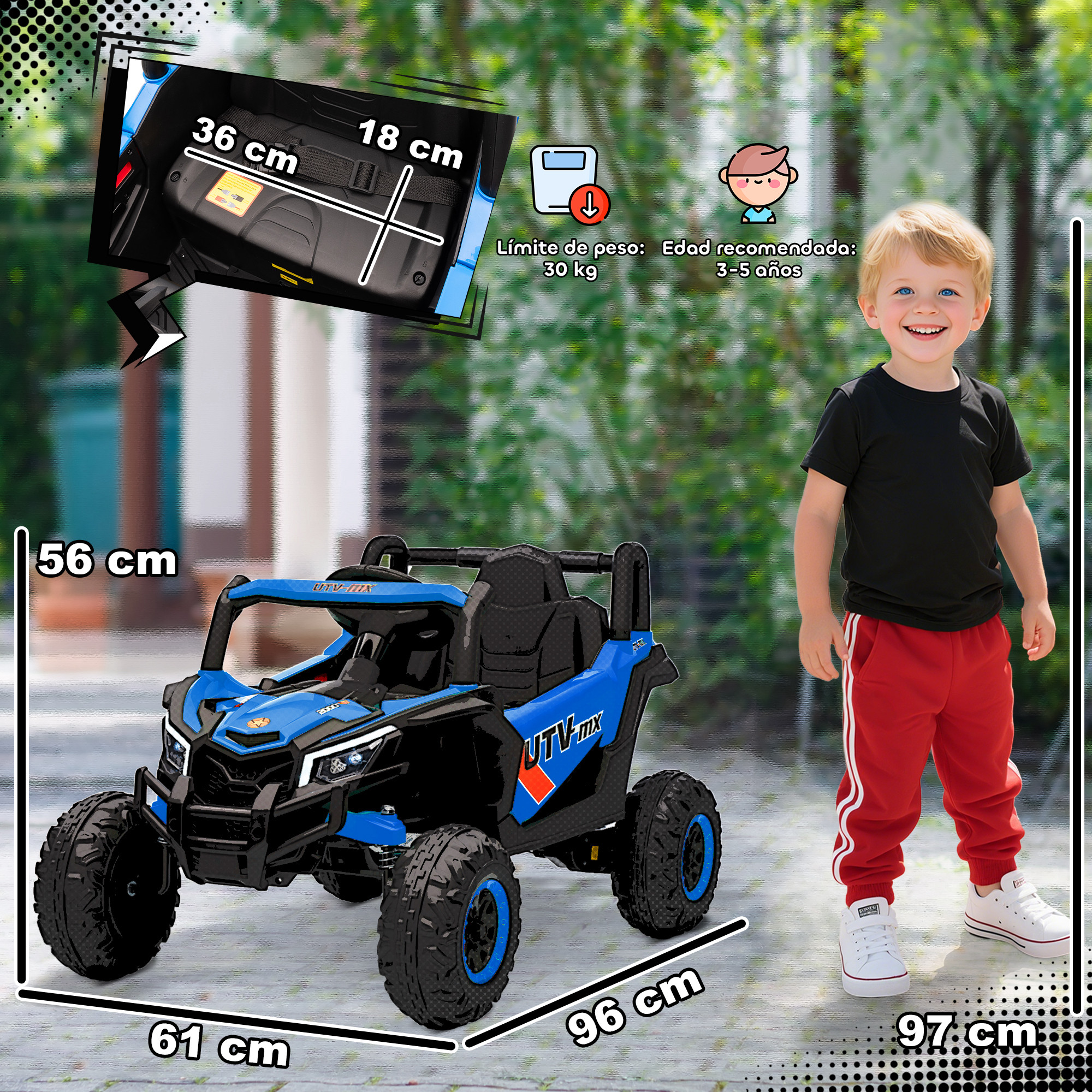 Un UTV azul para niños con llantas grandes está junto a un niño sonriente en pantalones rojos.