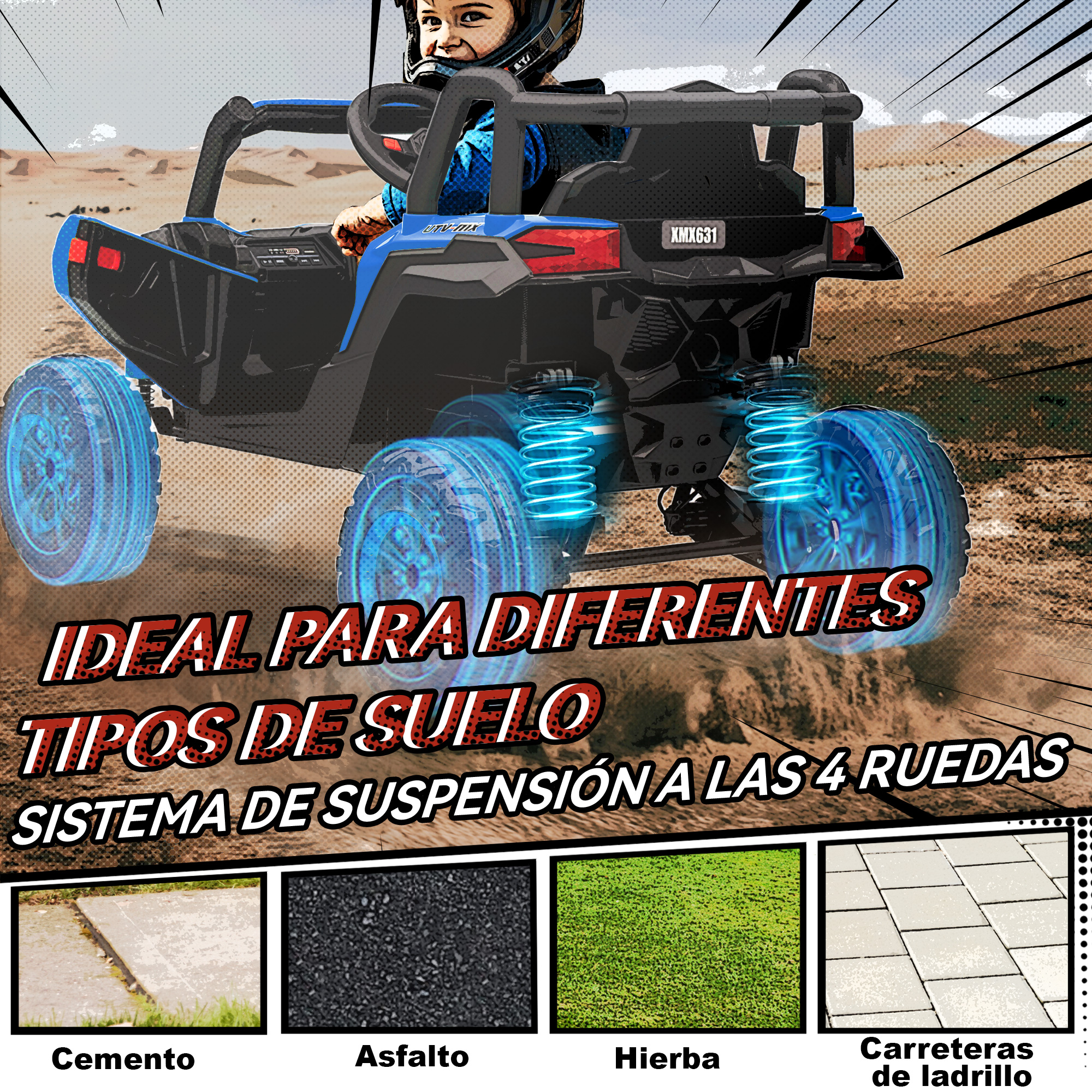Un niño conduce un UTV azul con ruedas brillantes en un paisaje desértico.