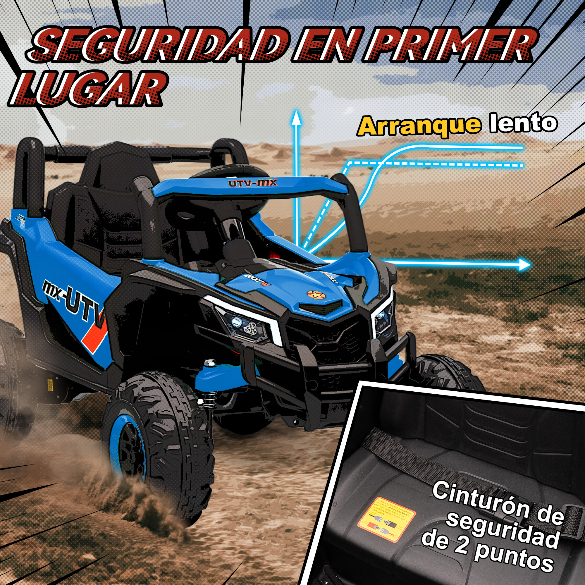 Un UTV azul conduce fuera de la carretera, con texto sobre seguridad y arranque lento.
