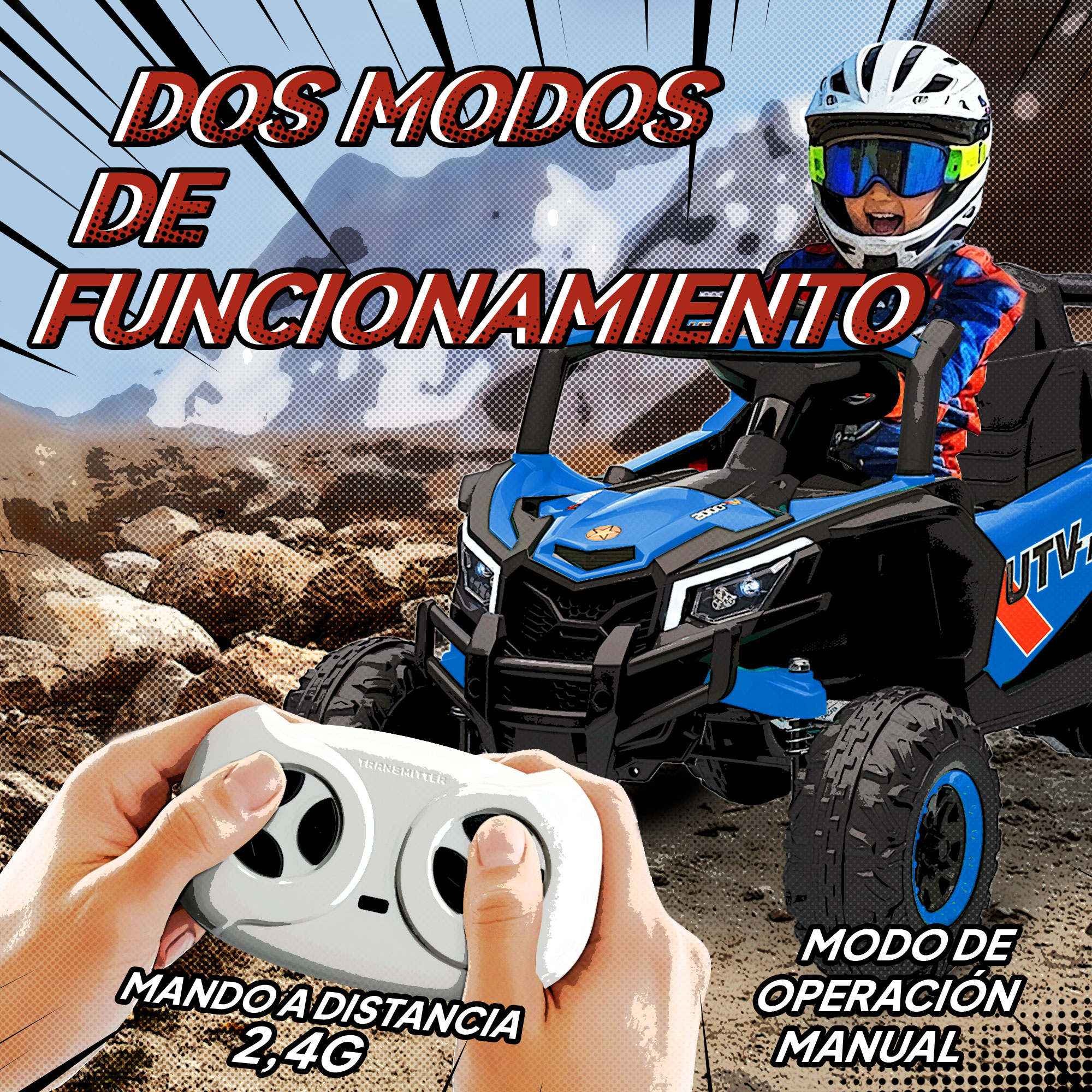 Niño en UTV azul con control remoto y casco. Dos modos de operación.