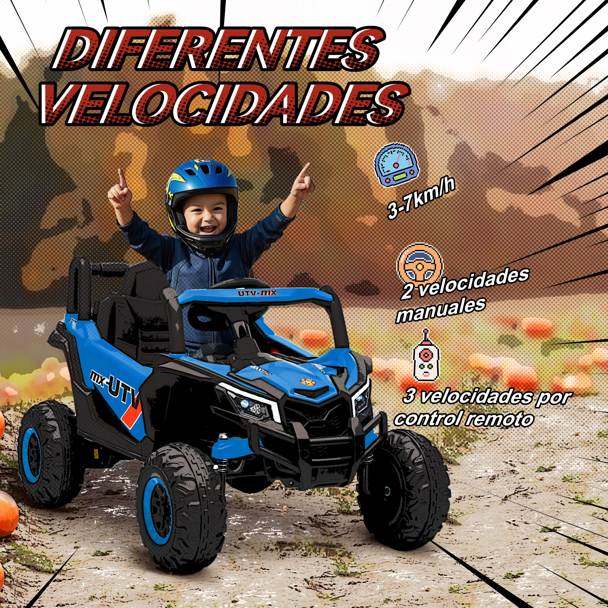 Un coche de juguete UTV azul con un niño sonriente con casco conduciendo en un campo.