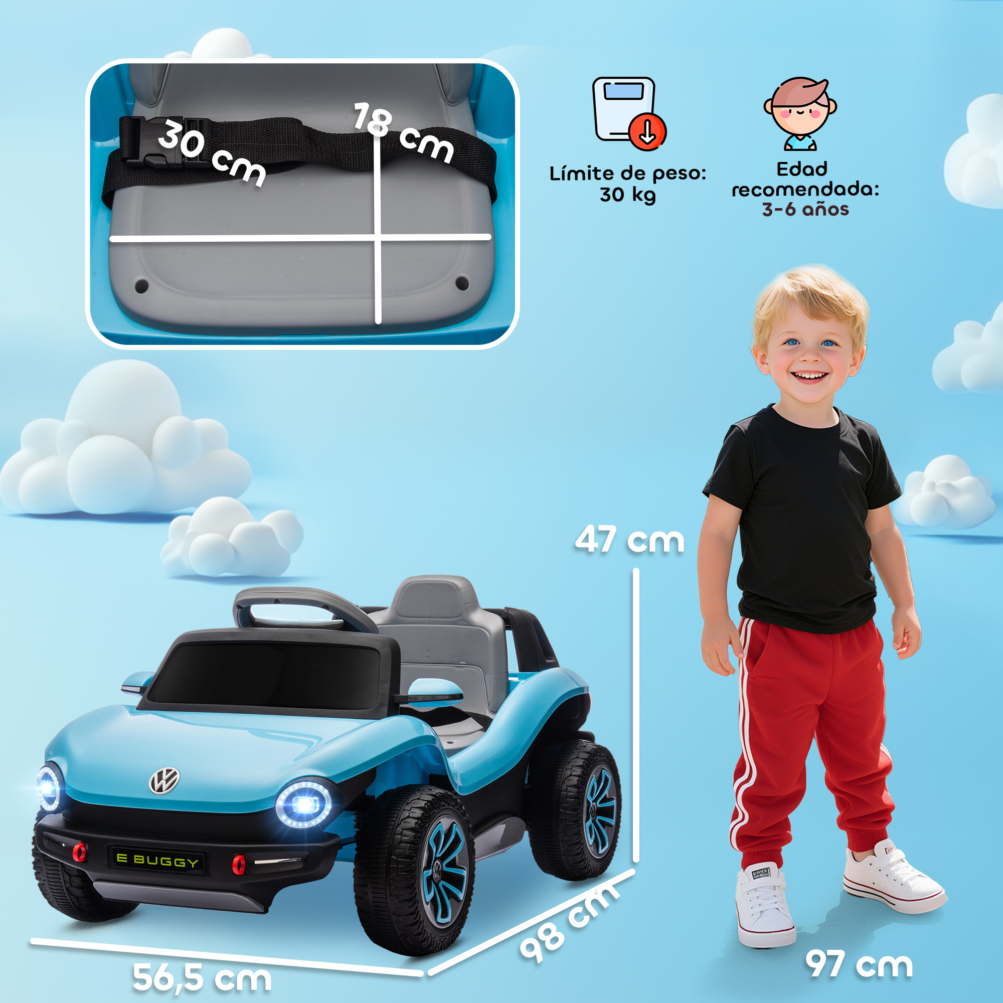 Un coche eléctrico azul para niños con un niño delante. Se muestran medidas.