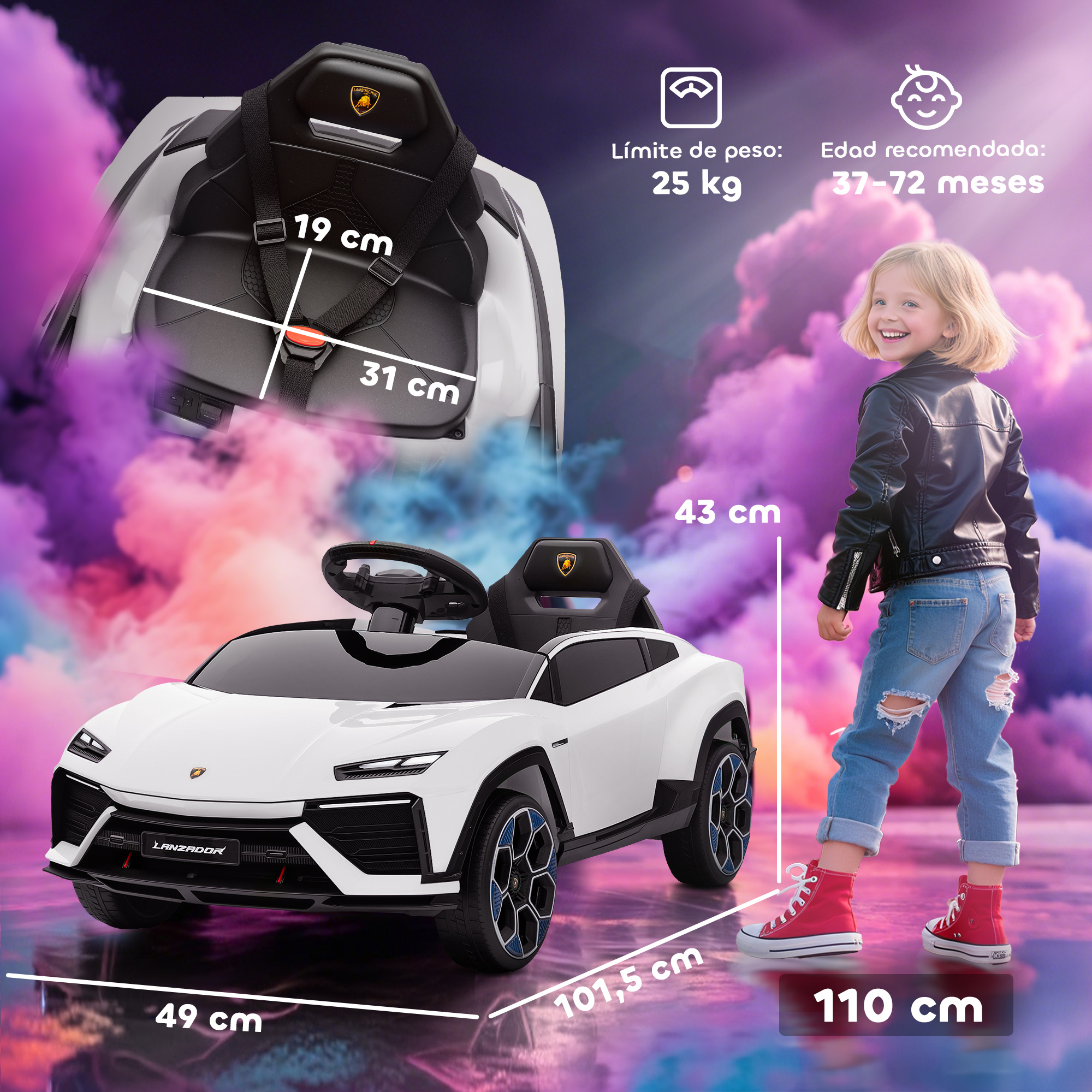 Coche blanco Lamborghini de juguete con niña en jeans y chaqueta de cuero. Medidas.