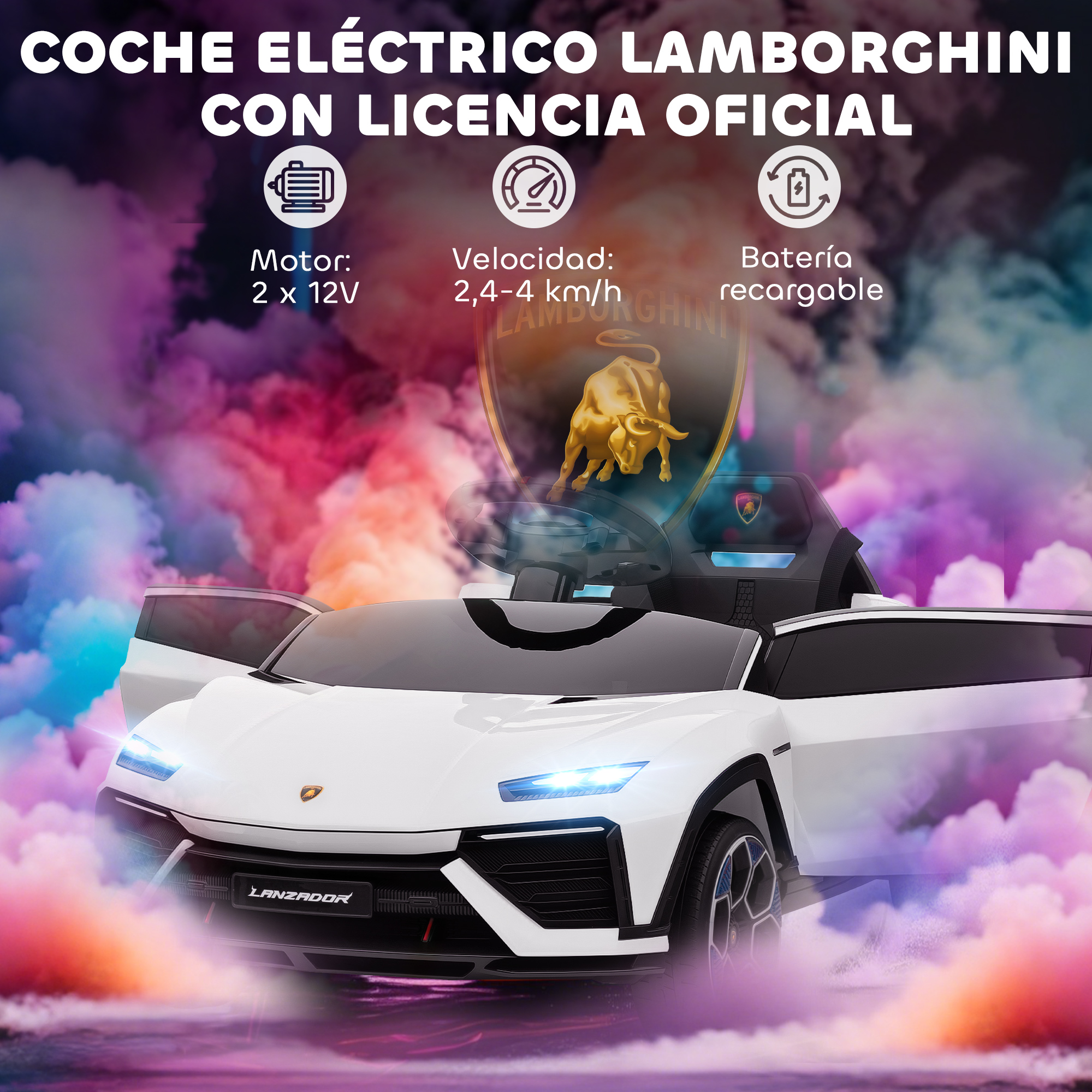 Un coche de juguete eléctrico Lamborghini blanco con puertas abiertas y humo.