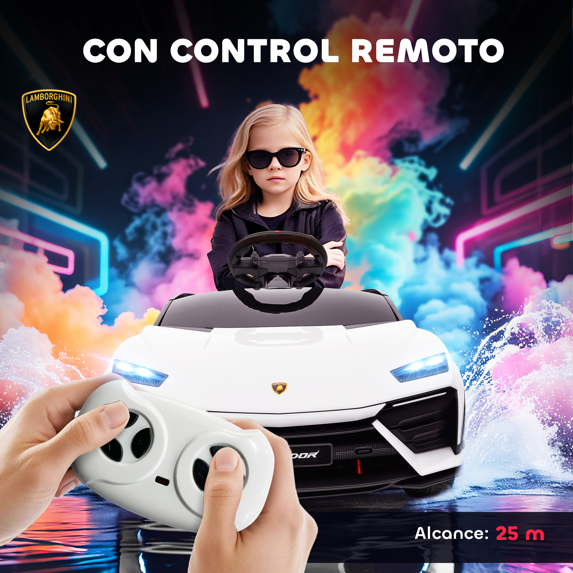 Una niña con gafas de sol conduce un coche de juguete Lamborghini blanco, manos controlándolo con mando.