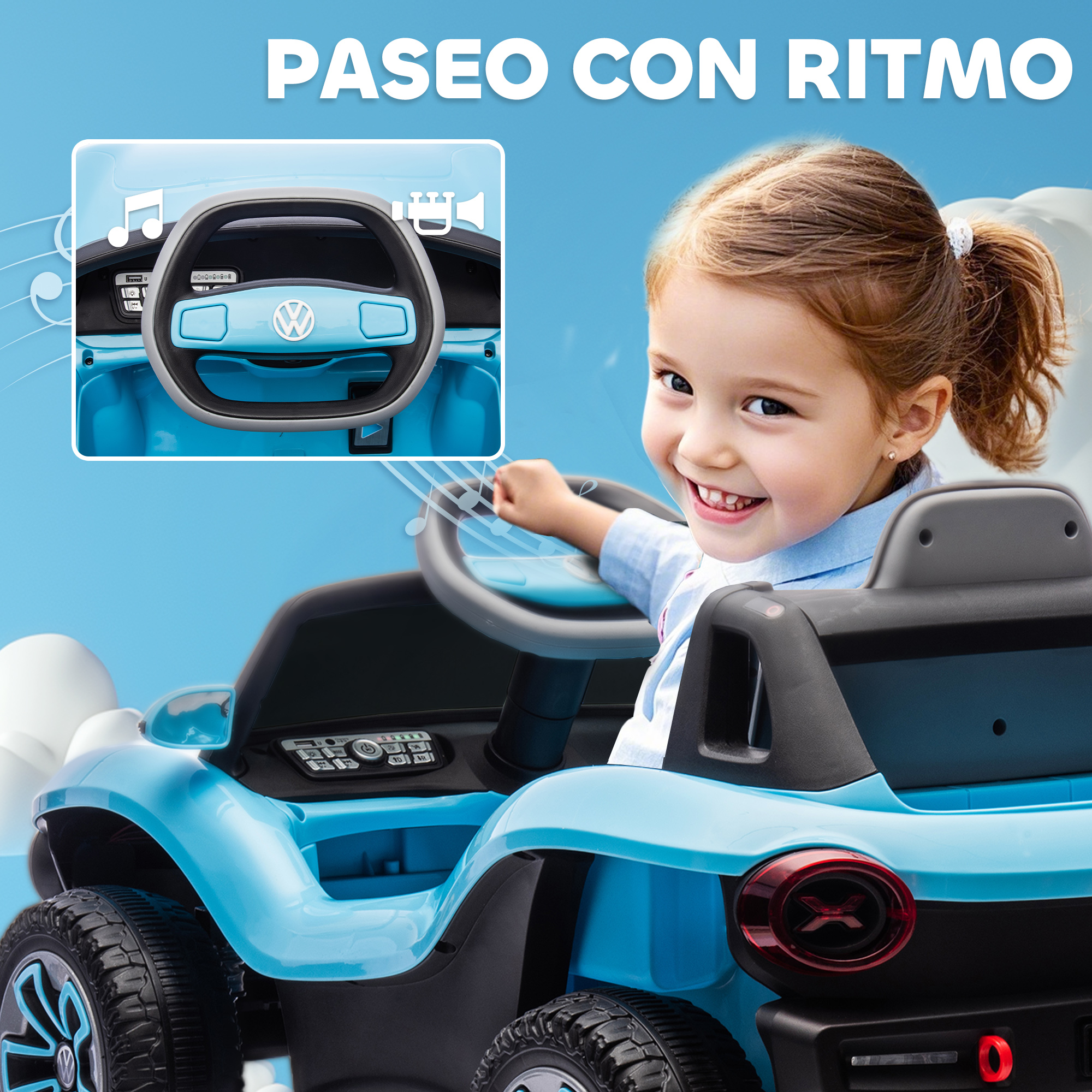 Una niña sonríe mientras conduce un coche de juguete azul brillante con logo VW.