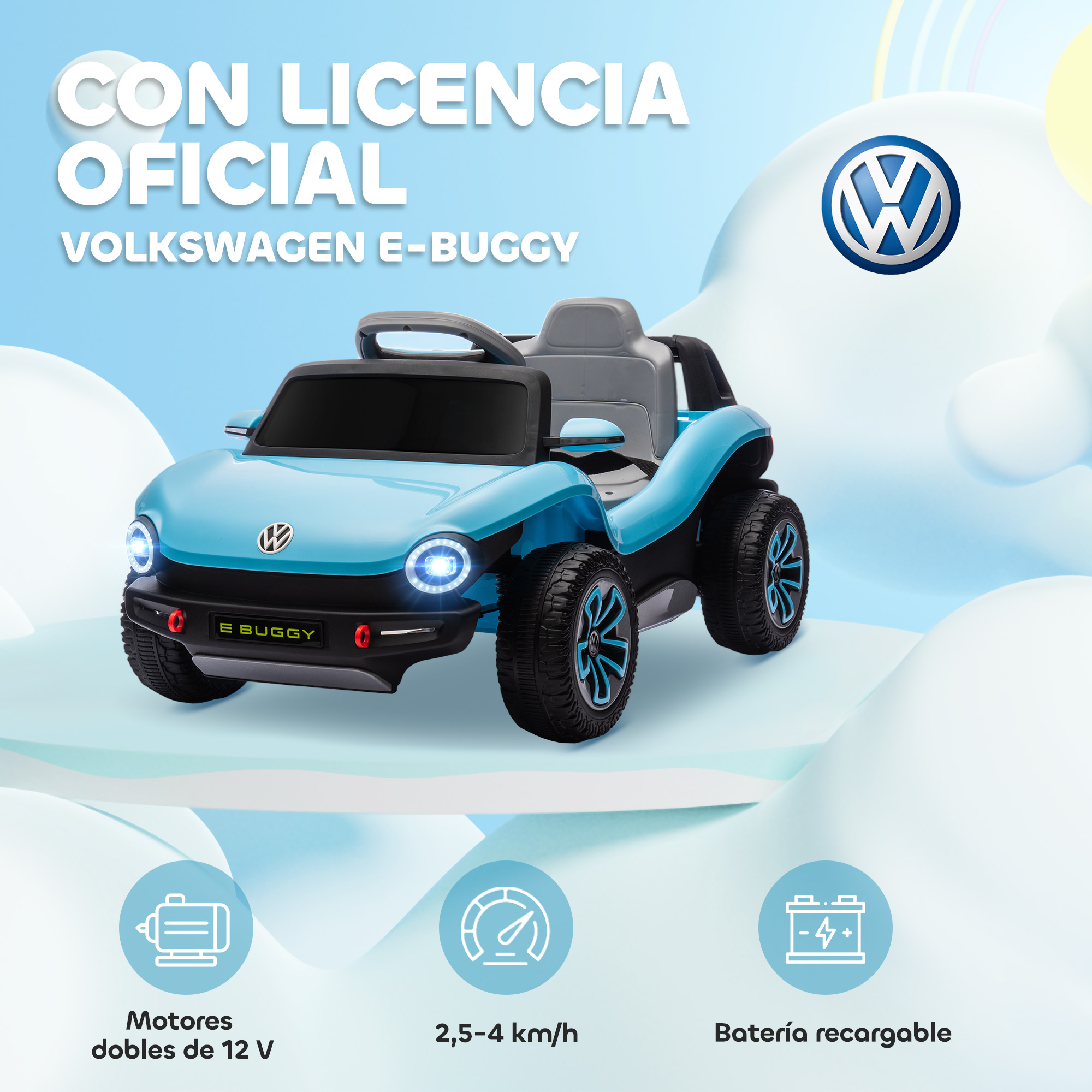 Un coche infantil VW E-Buggy azul claro con detalles negros y faros iluminados.