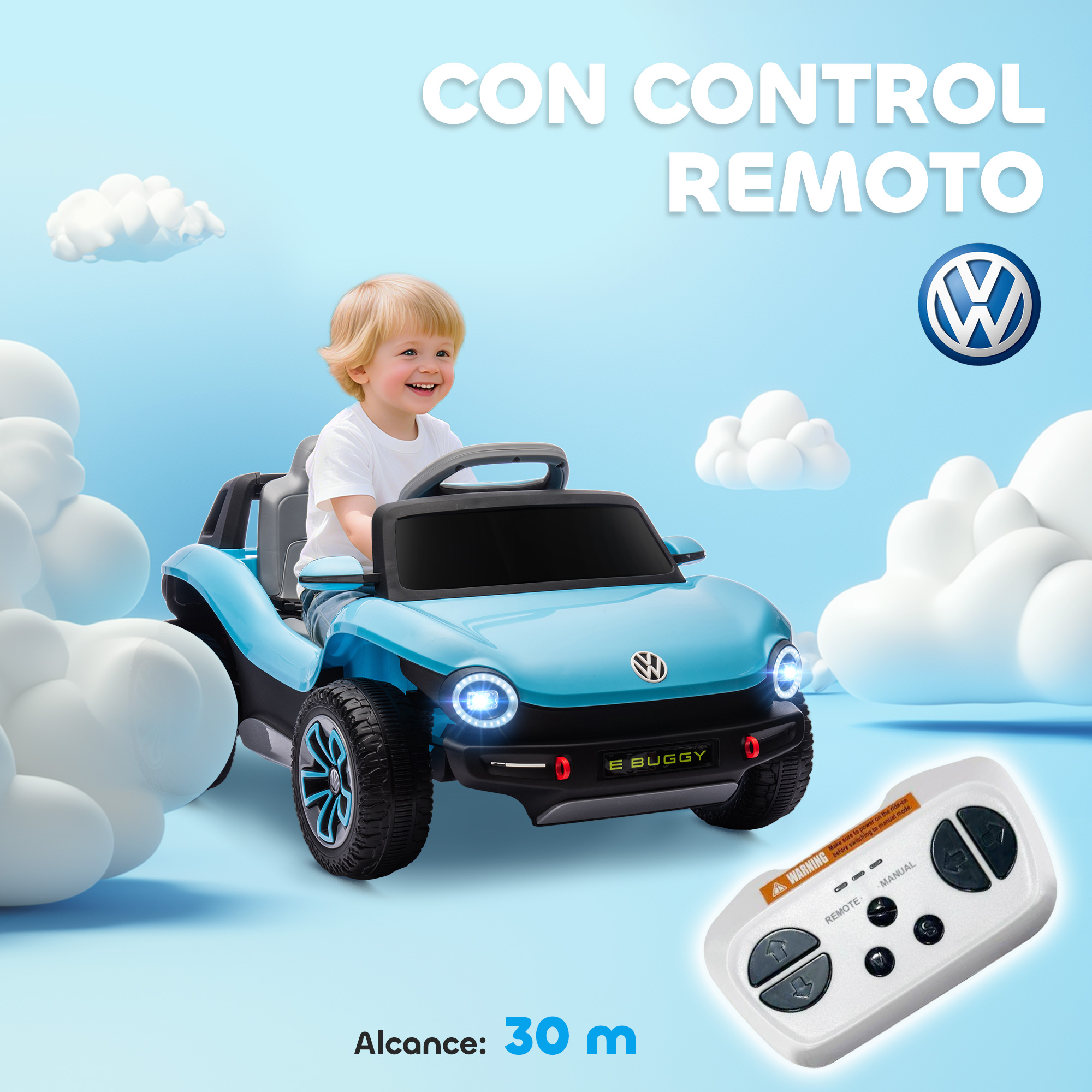 Un coche de juguete tipo buggy eléctrico azul con un niño sonriente al volante. Incluye mando.
