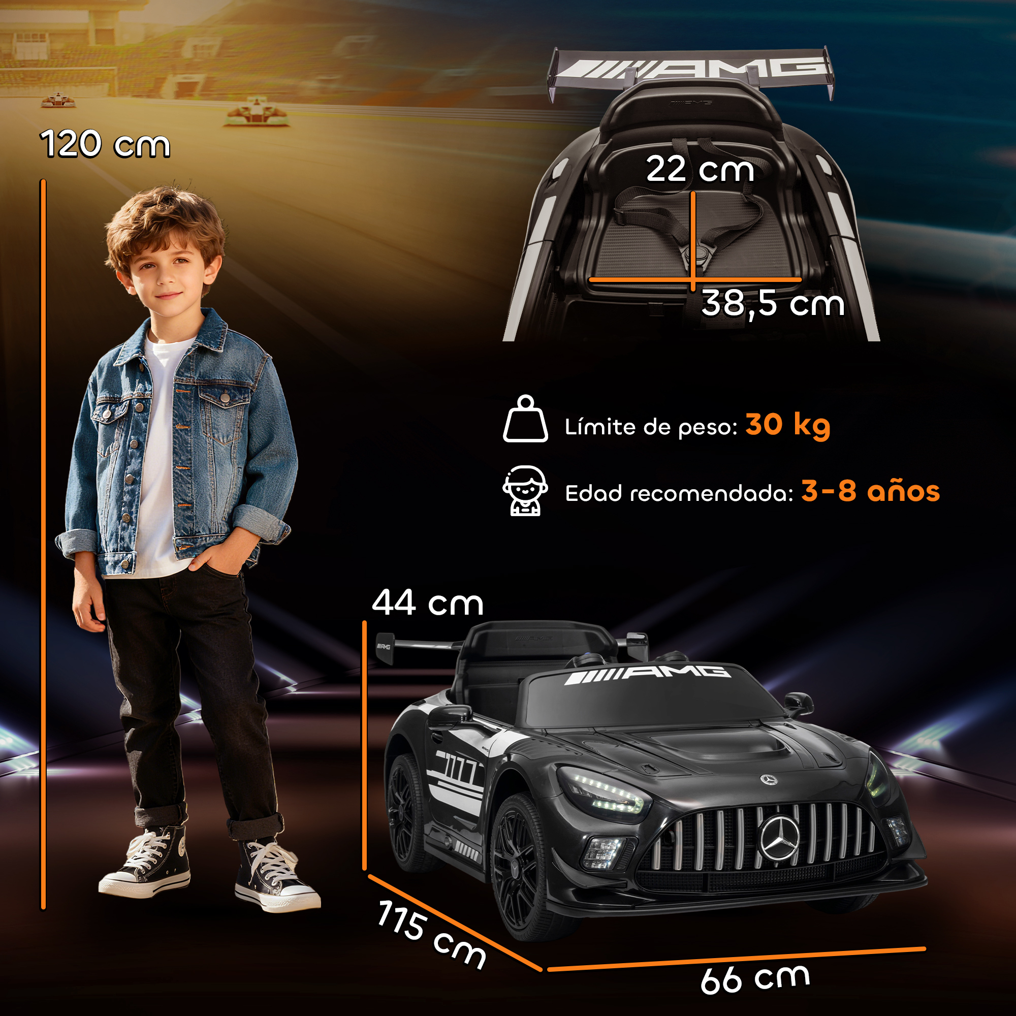 Un niño junto a un coche eléctrico negro con logo AMG. Se muestran las dimensiones.