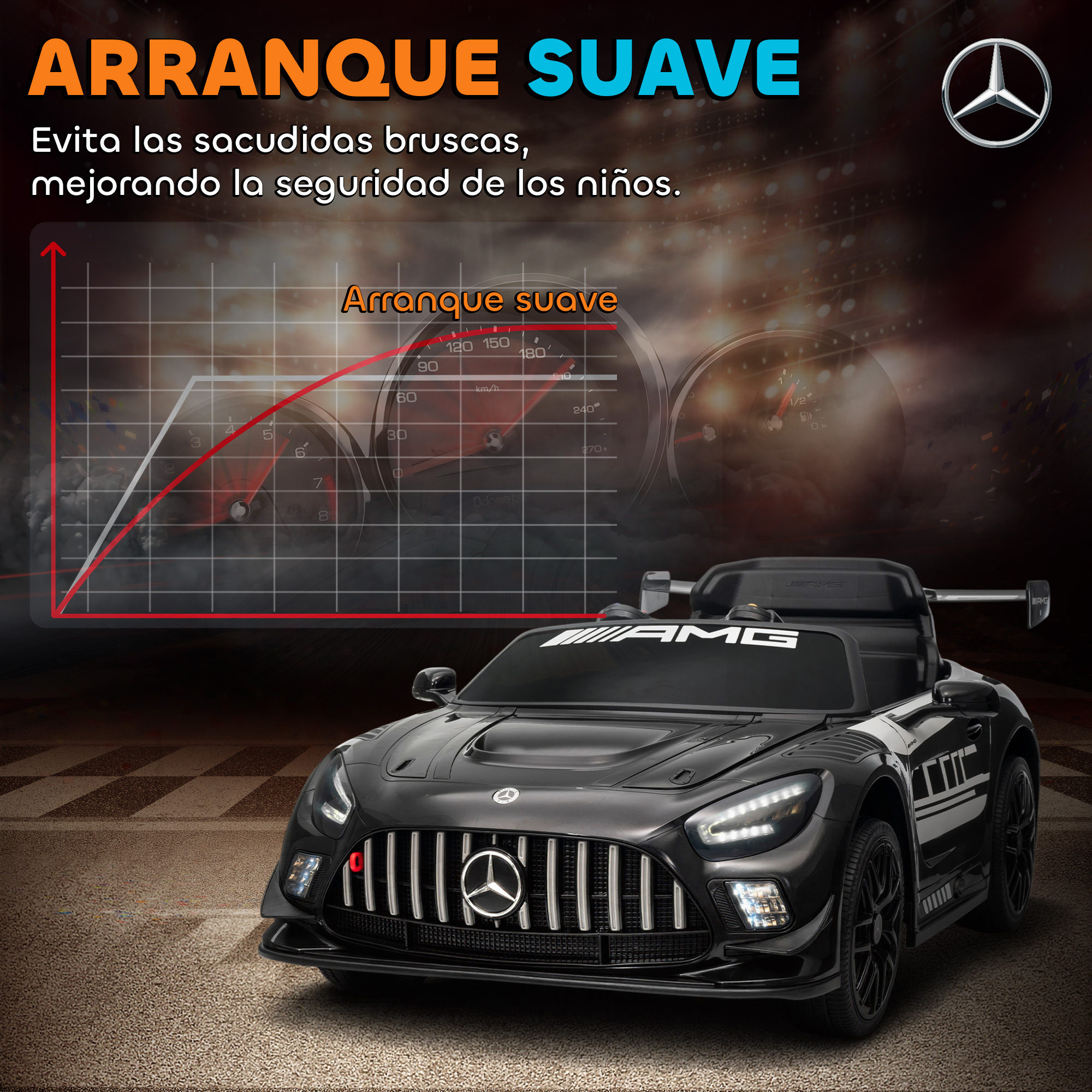 Coche de juguete negro con logo AMG, velocímetro y gráfico.