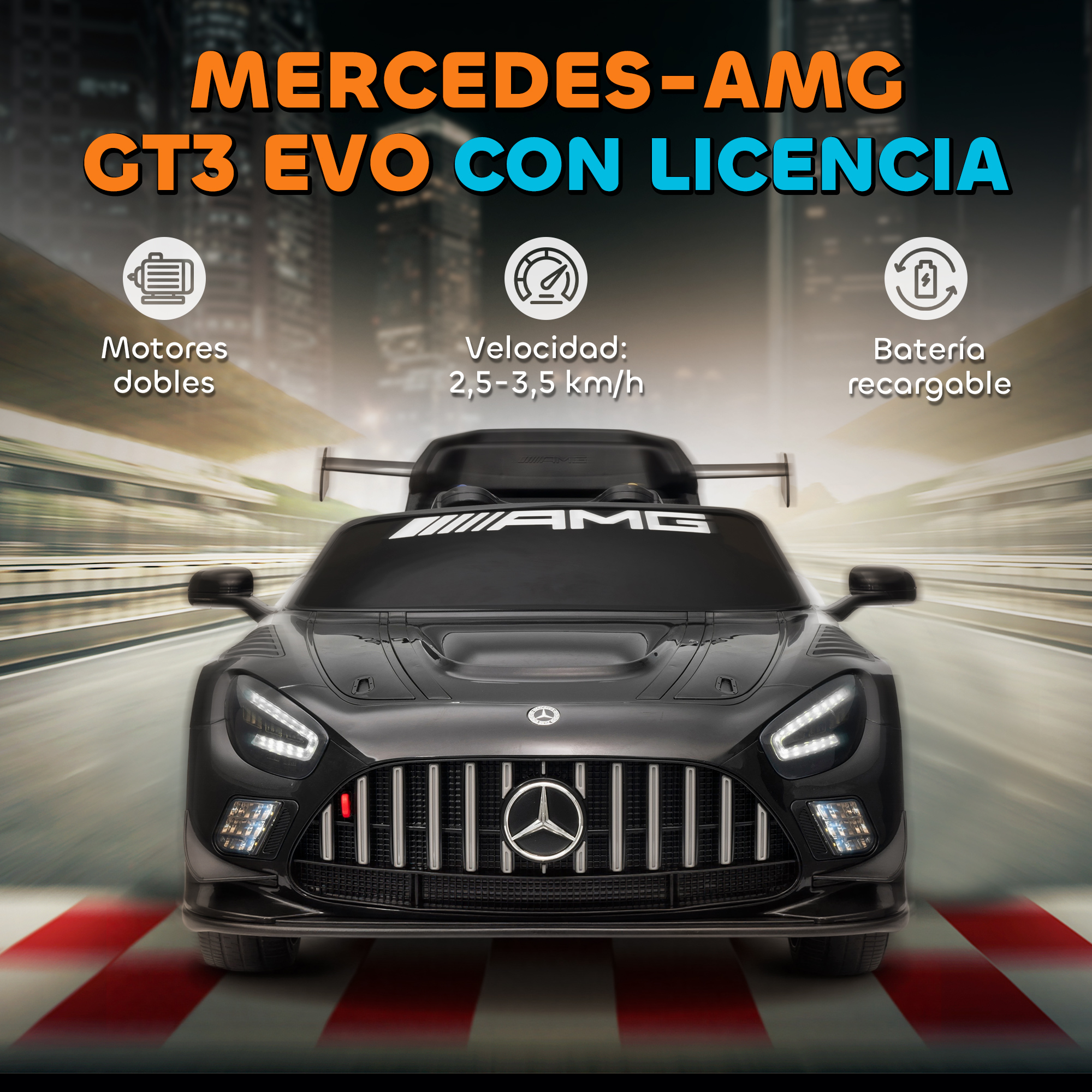 Coche de juguete Mercedes-AMG GT3 negro en una pista.