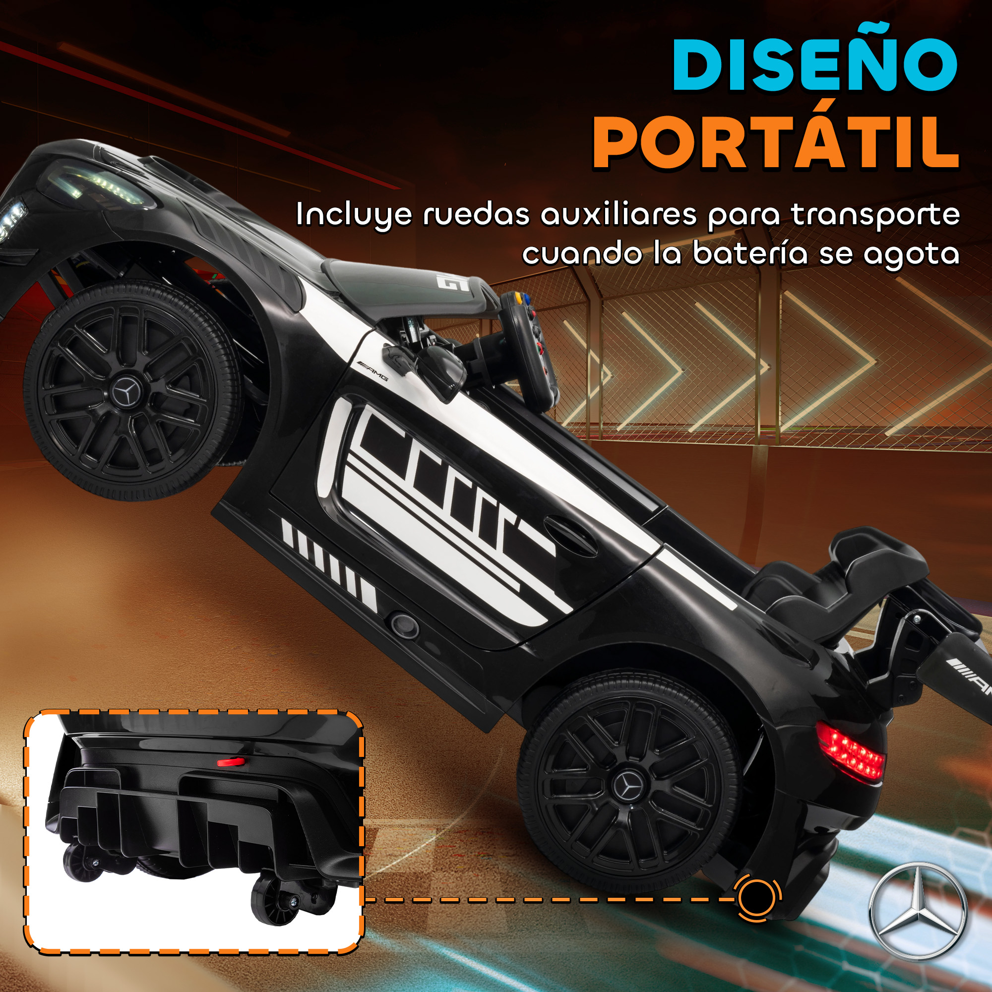 Coche eléctrico negro para niños con calcomanías blancas y ruedas auxiliares.