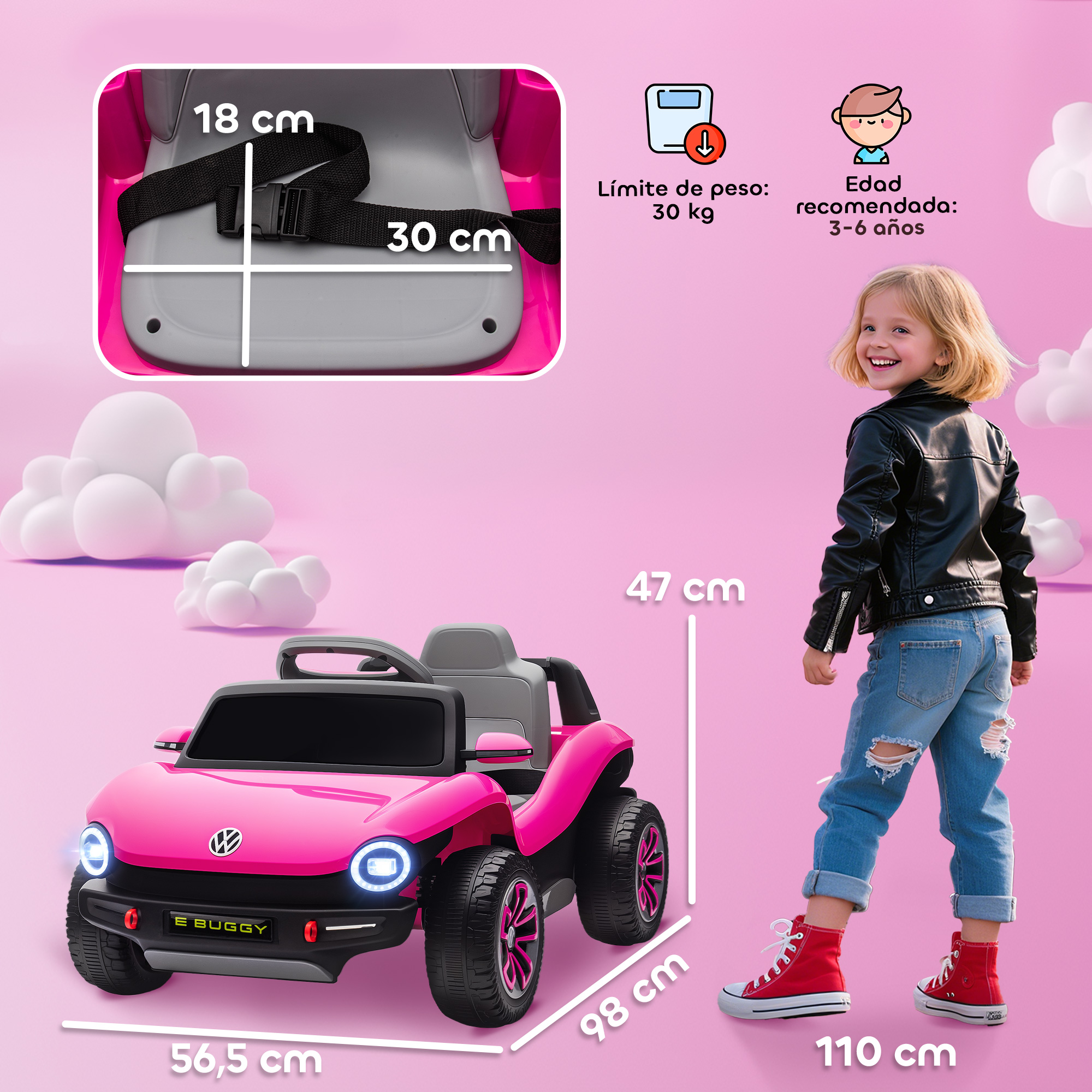 Cochecito eléctrico rosa para niños, con dimensiones, límite de peso y edad.