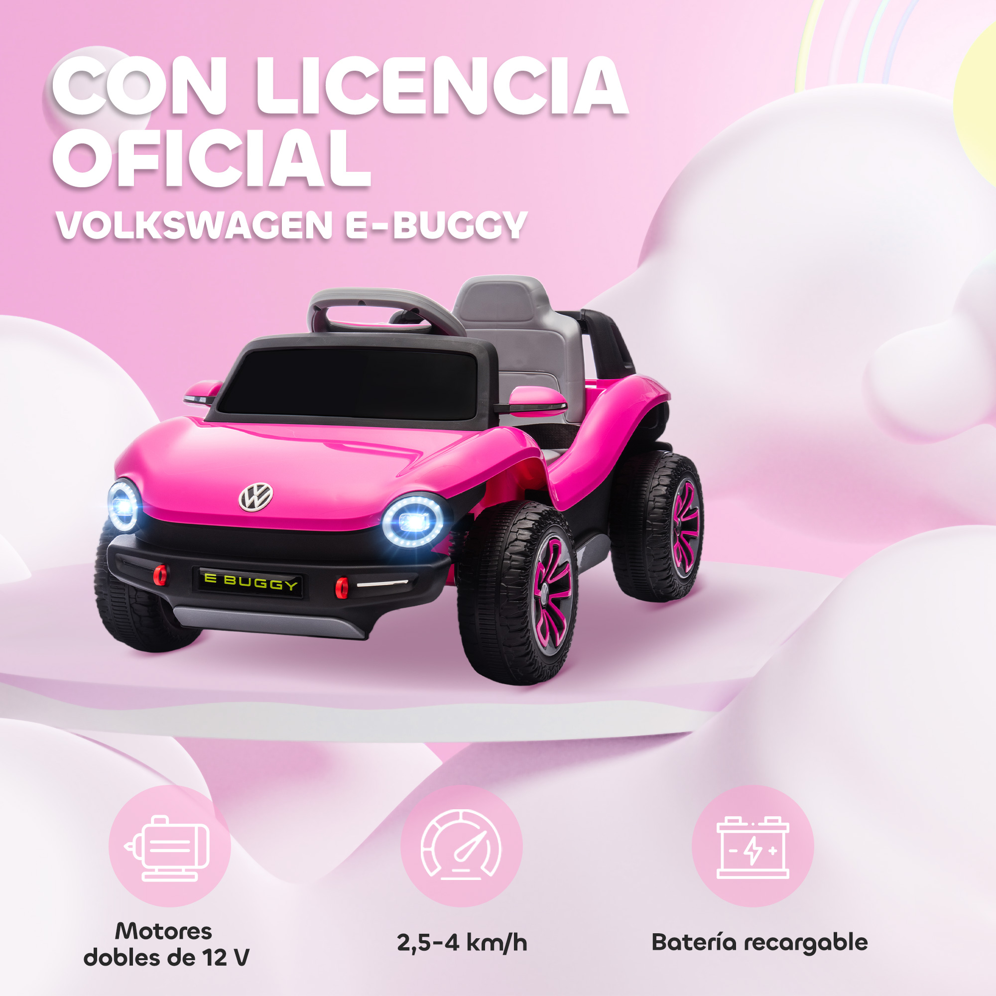 E-Buggy VW rosa para niños con luces, llantas y texto.