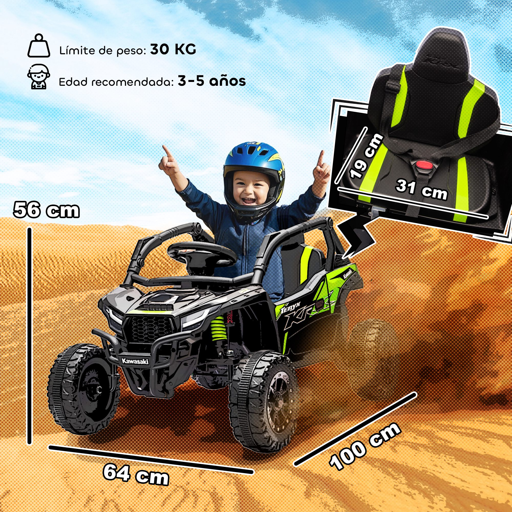 Un niño con casco conduce un coche eléctrico verde y negro en arena desértica.