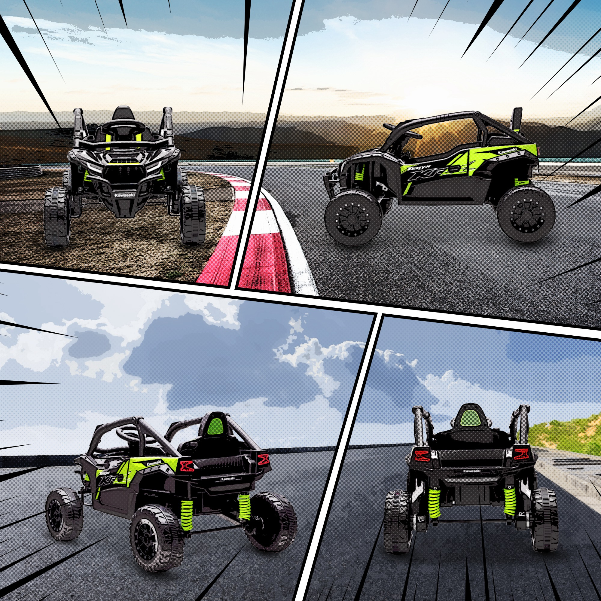 Un UTV Kawasaki negro con detalles verde neón está sobre tierra y asfalto.