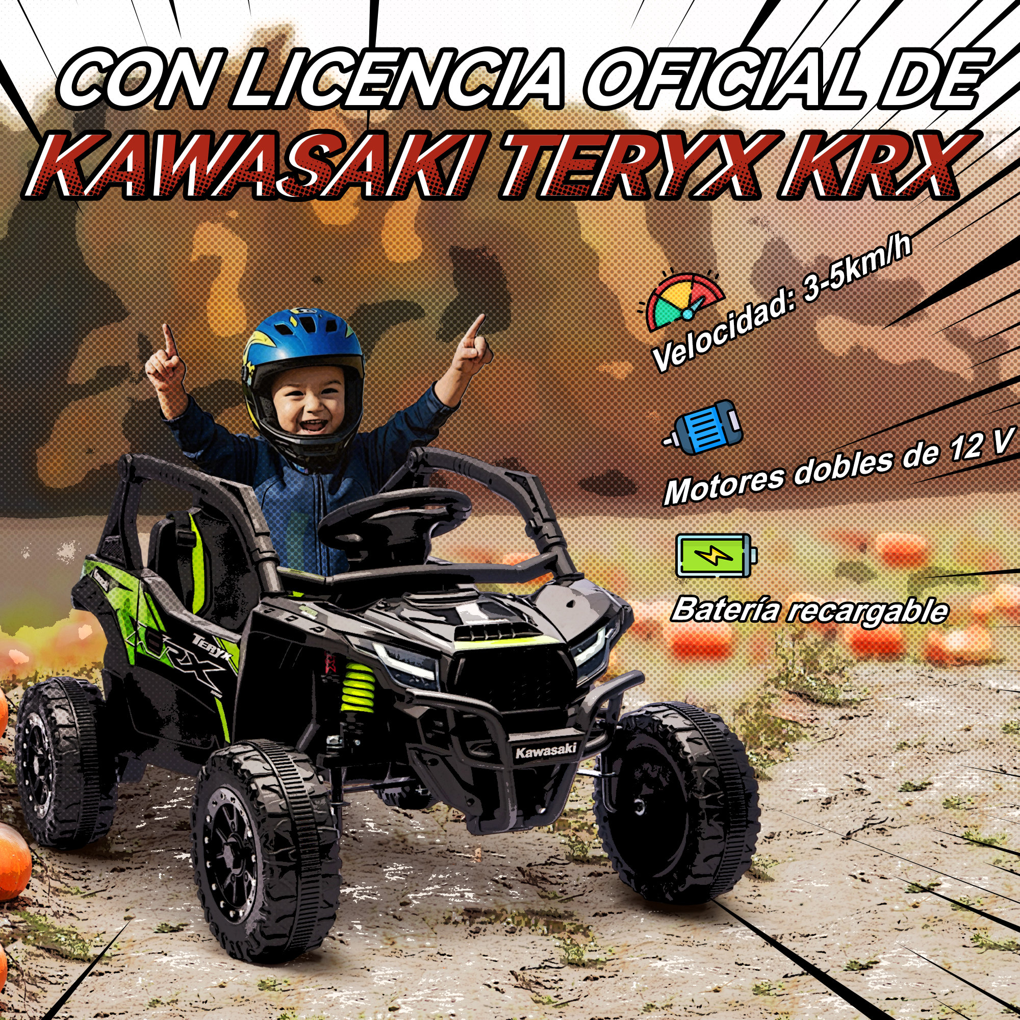 Un niño con casco azul monta un Kawasaki Teryx KRX verde.