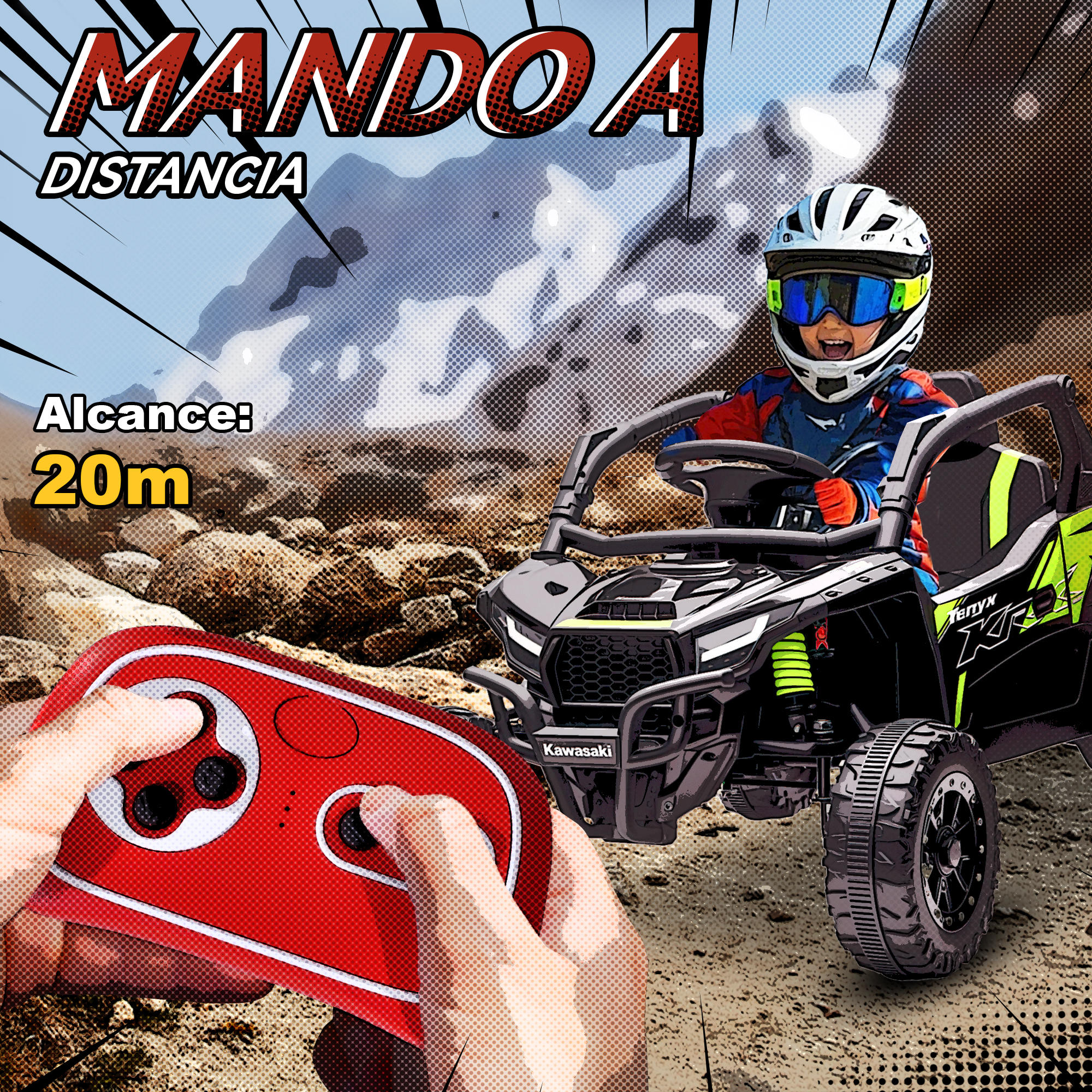 Niño conduce quad teledirigido con mando en terreno rocoso.
