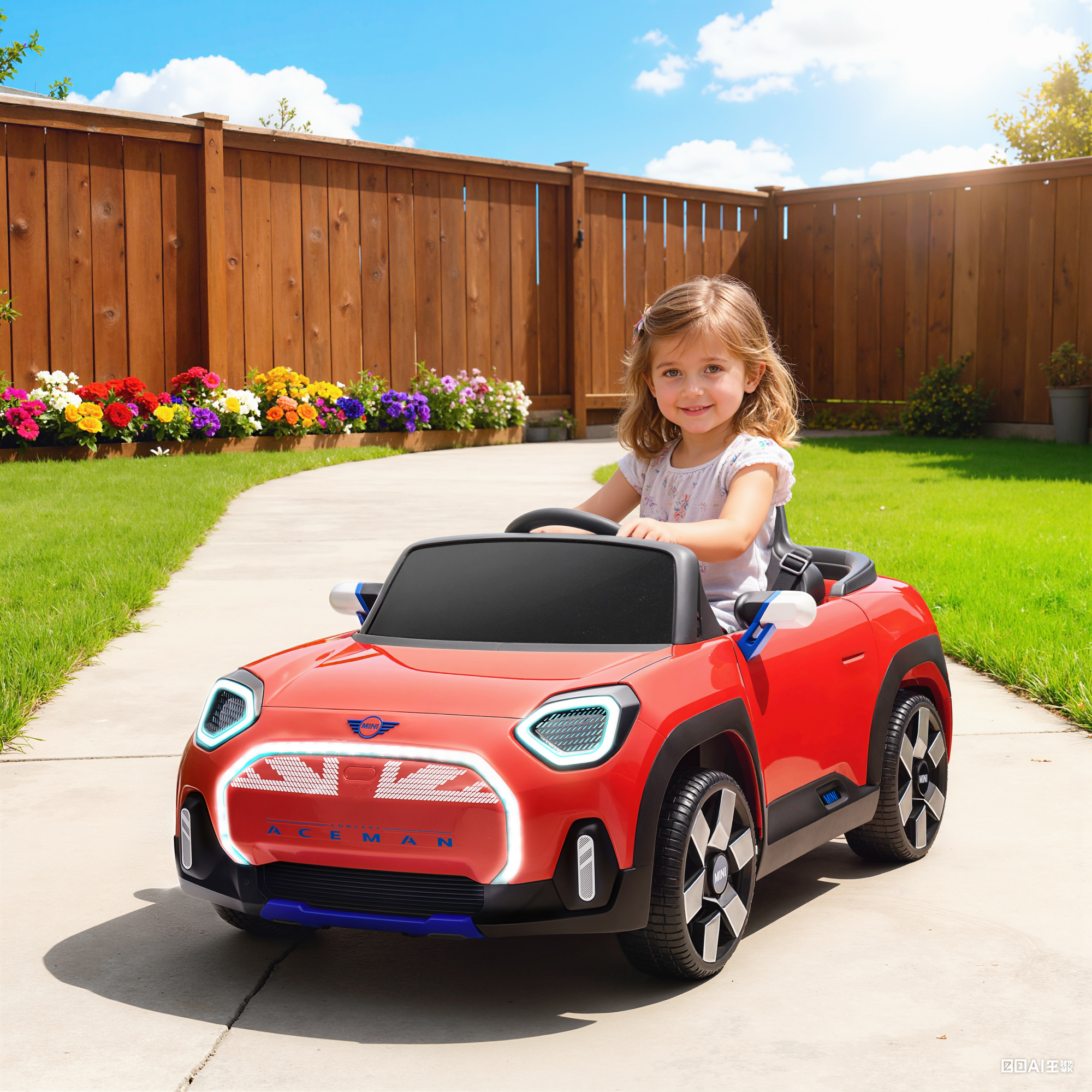 Una niña pequeña se sienta en un coche de juguete rojo en un jardín.