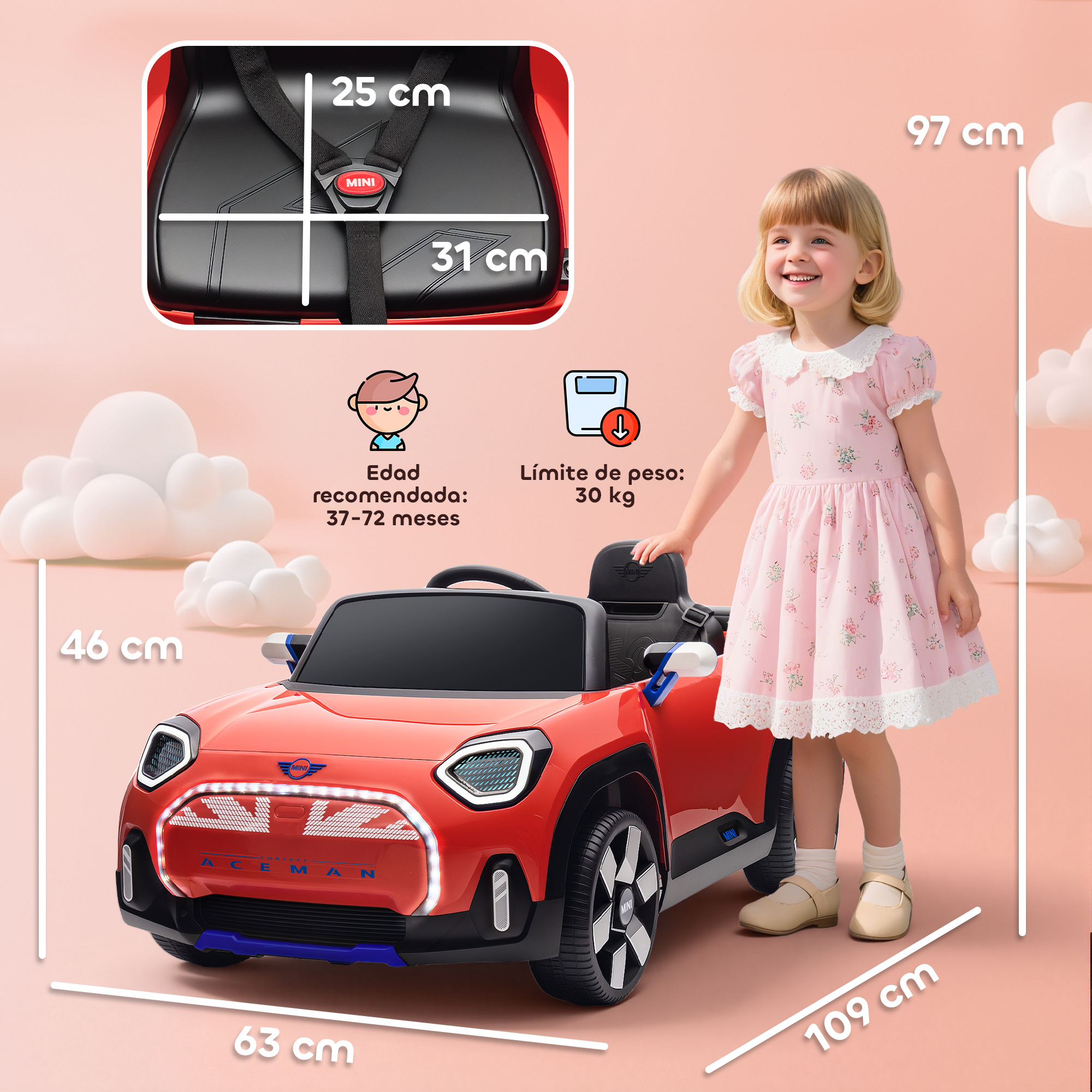 Un coche de juguete rojo con una niña, se muestran las dimensiones.