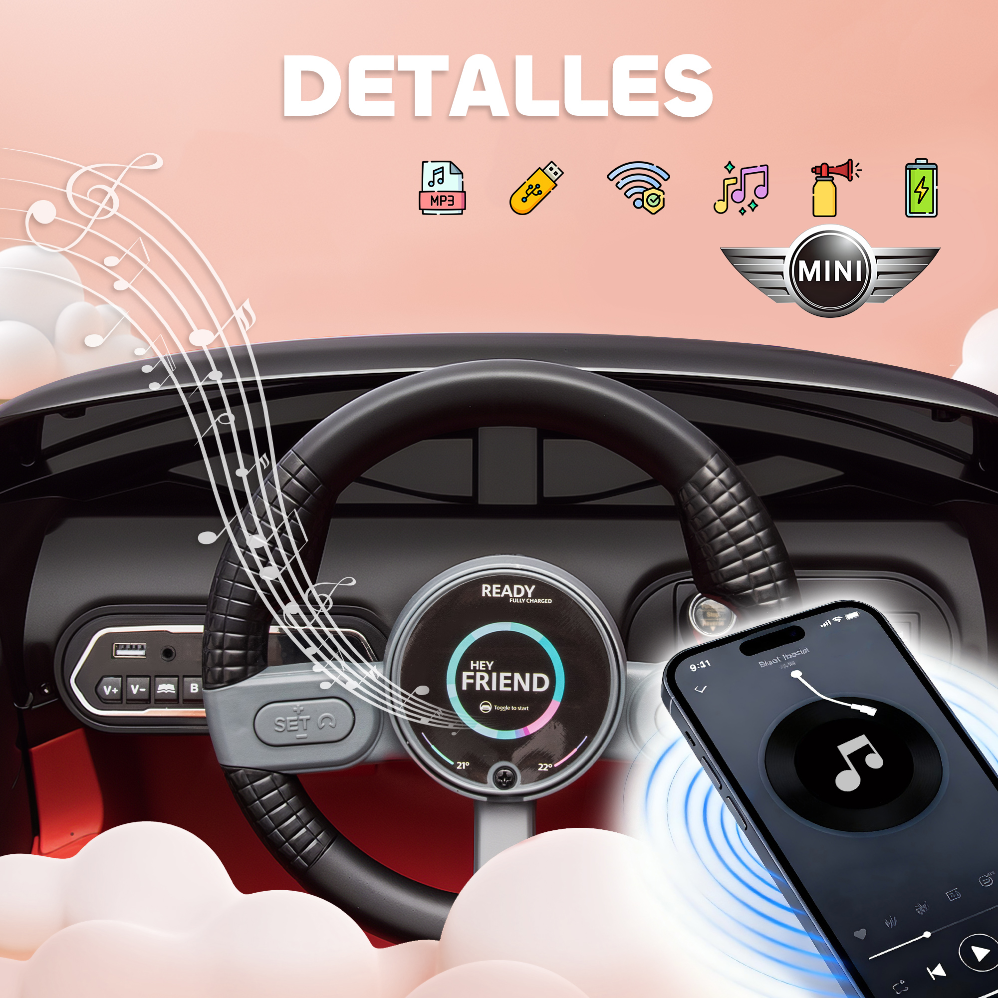 Salpicadero de coche de juguete con volante, pantalla y teléfono.
