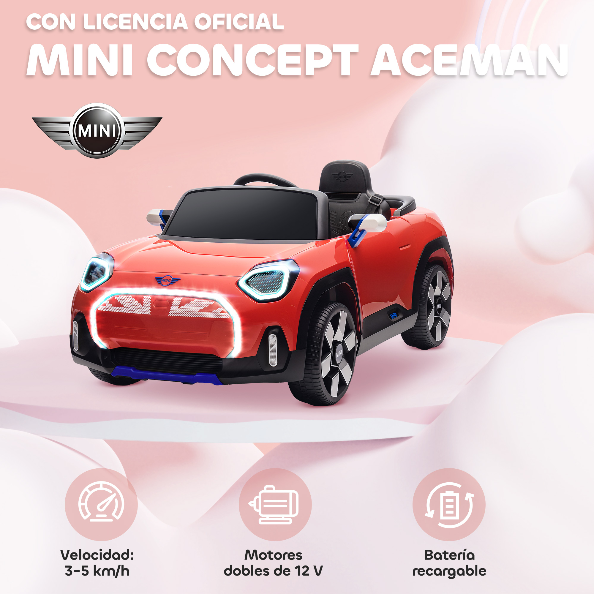 Un coche eléctrico rojo Mini Cooper de juguete para niños con logo.