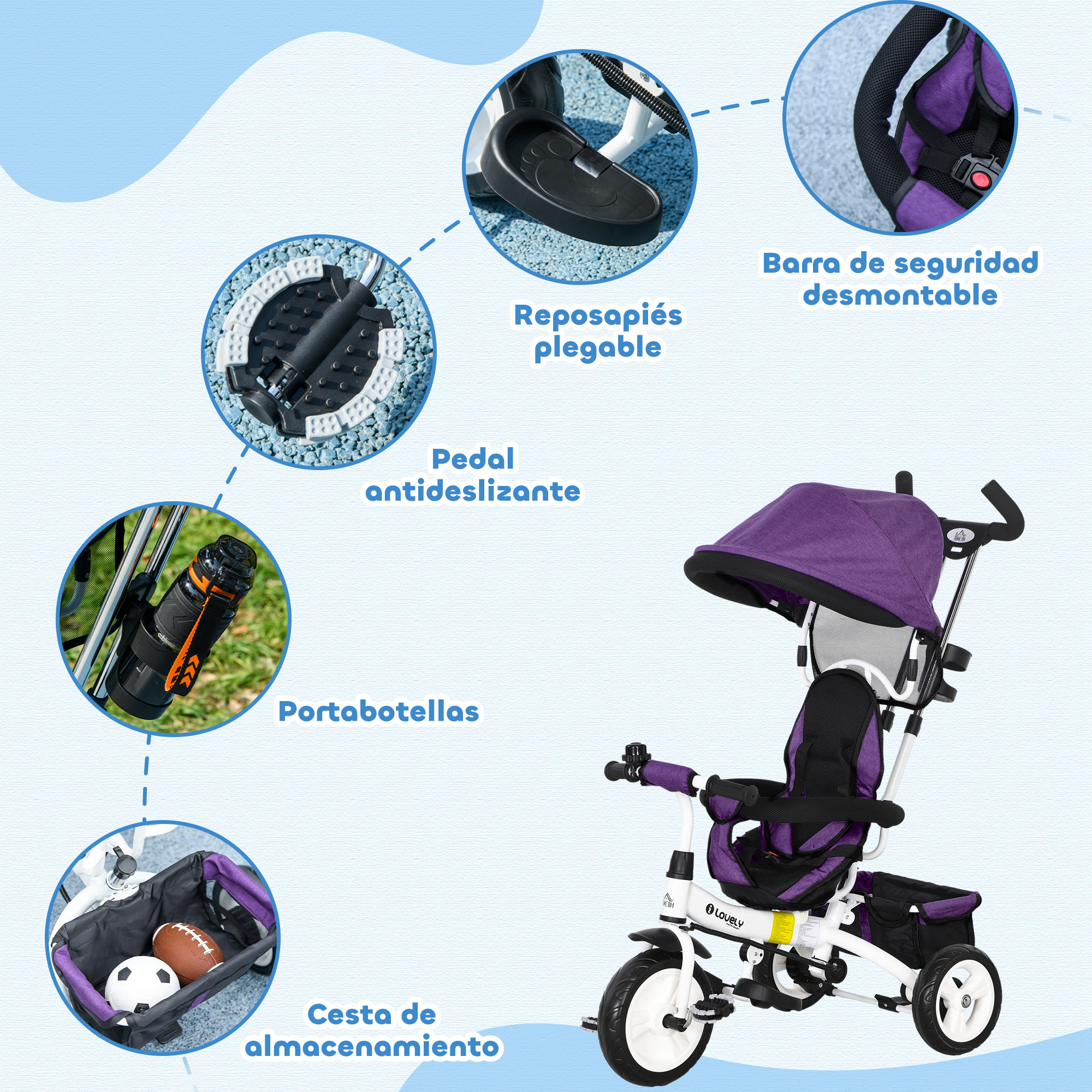 Un triciclo morado con barra de seguridad desmontable y cesta.