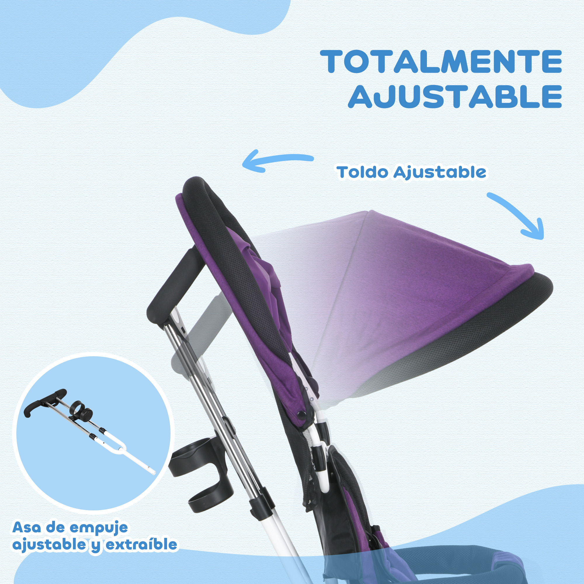 Se muestran el toldo y el manillar ajustables de un cochecito.