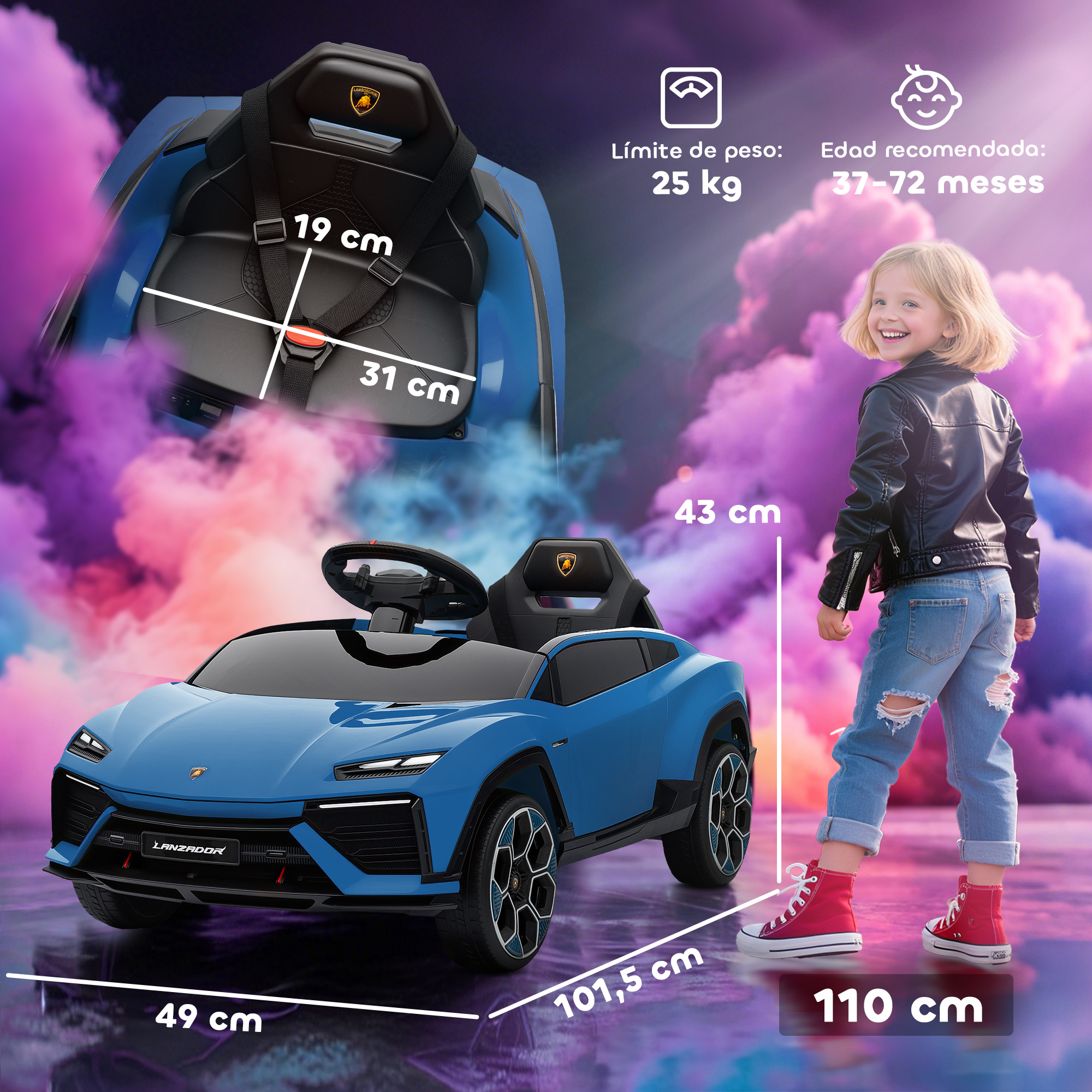 Coche de juguete Lamborghini azul con niño, se muestran dimensiones.