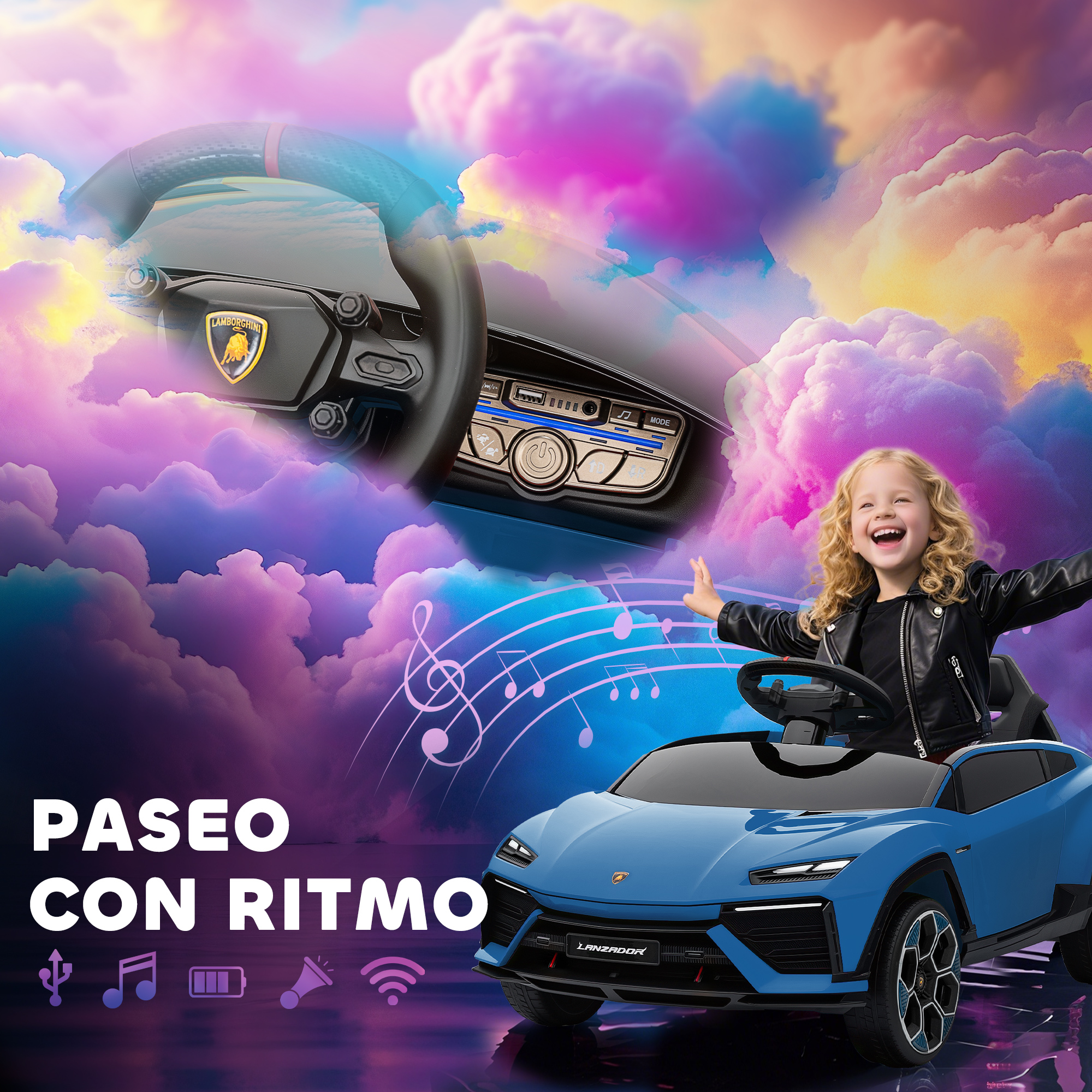 Una niña conduce un coche de juguete azul con logo Lamborghini ante un fondo de nubes coloridas.