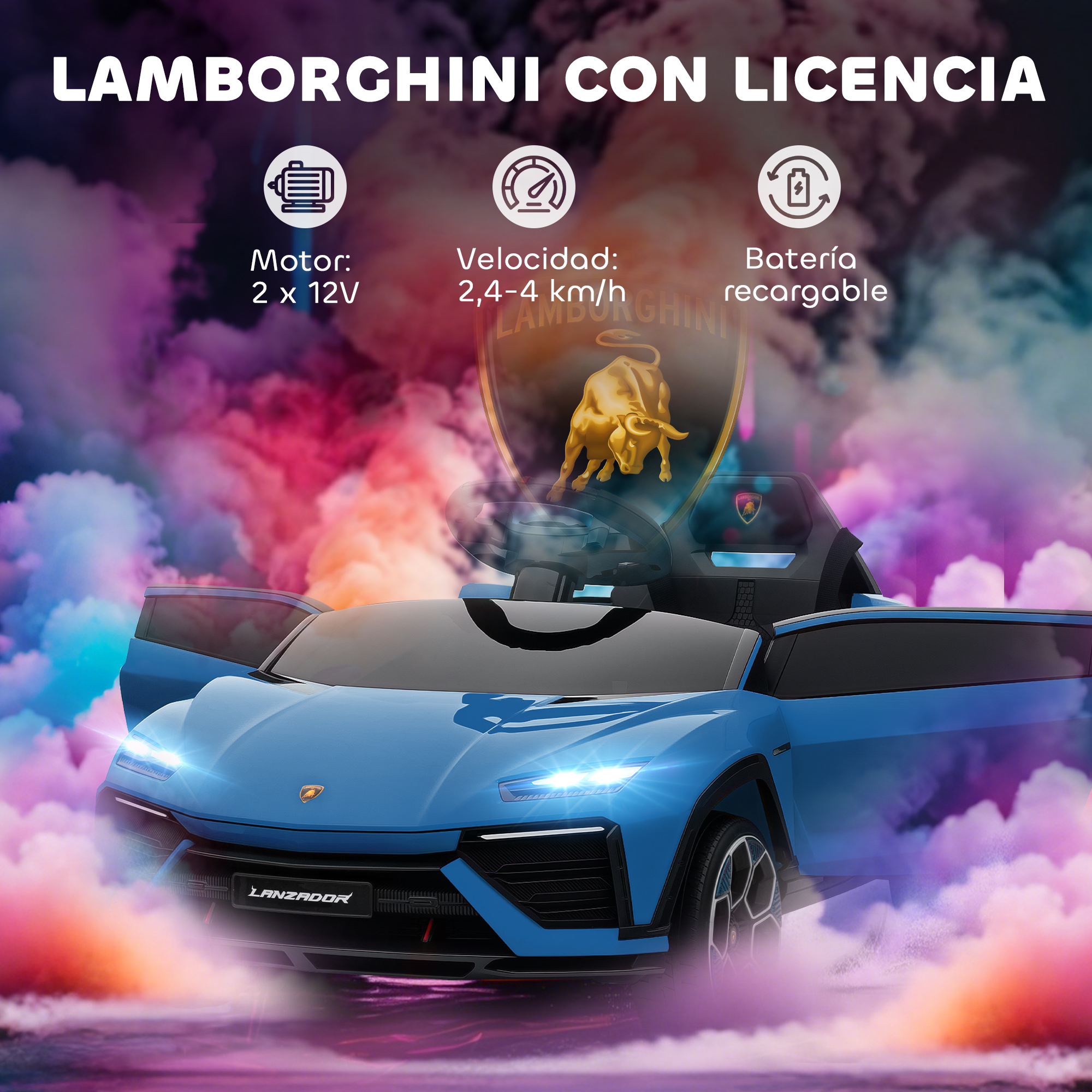 Lamborghini azul con puertas abiertas y humo colorido.