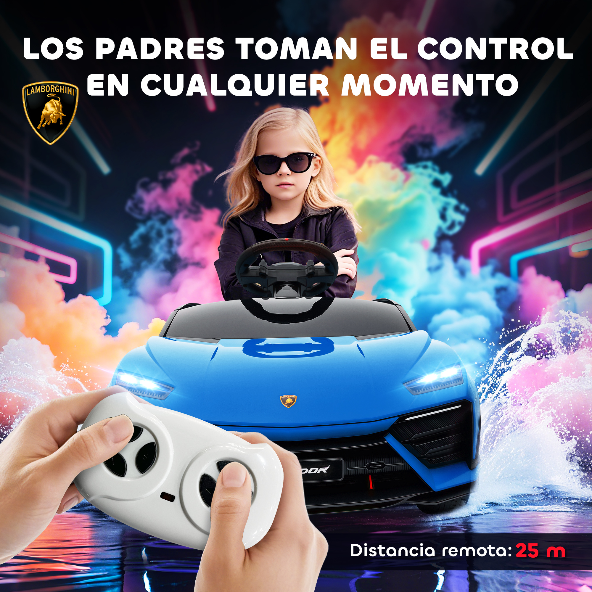 Una niña en un coche de juguete azul Lamborghini, controlado por control remoto. Humo y luces coloridas.