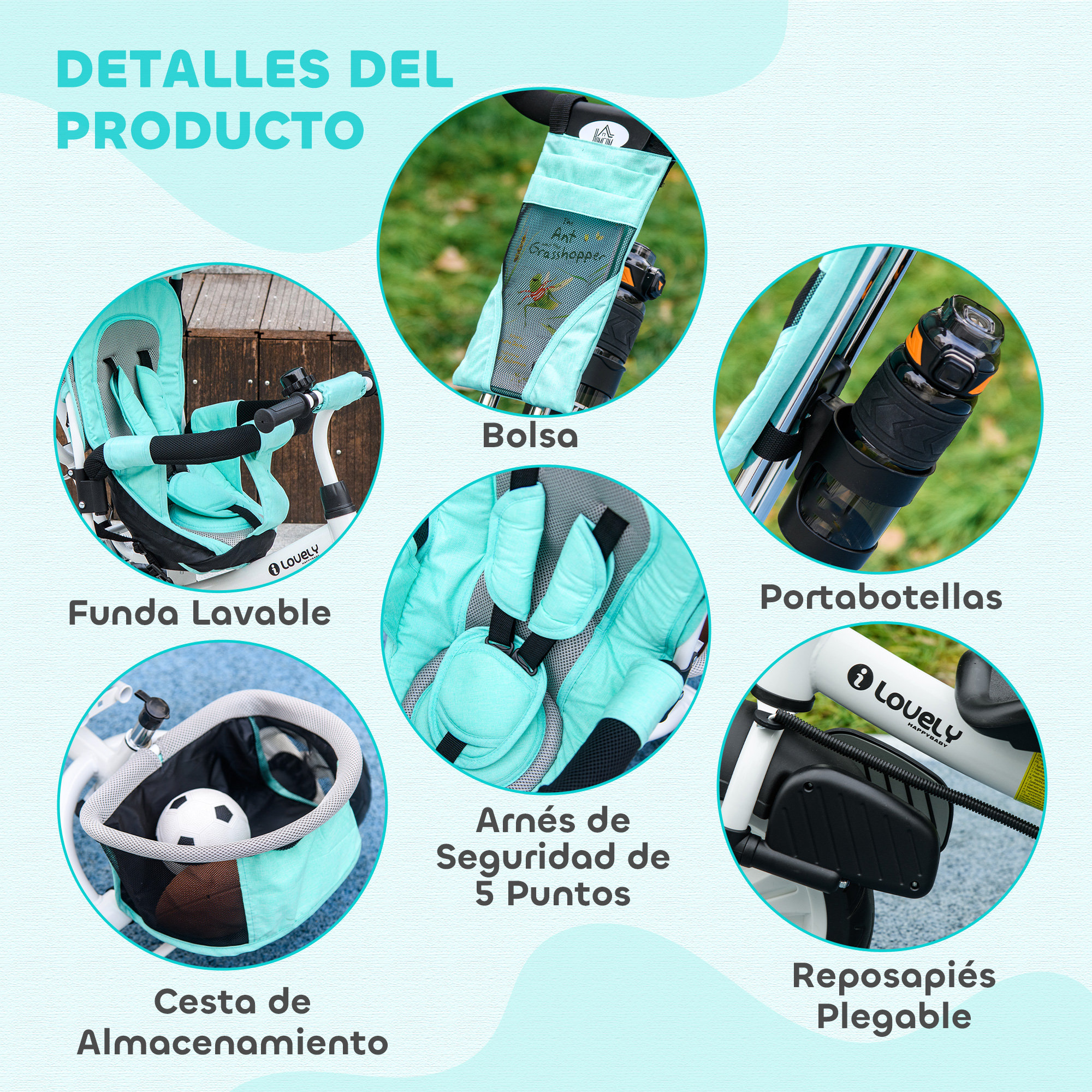 Imágenes del producto mostrando detalles como asiento, bolsa, portabotellas y cesta.