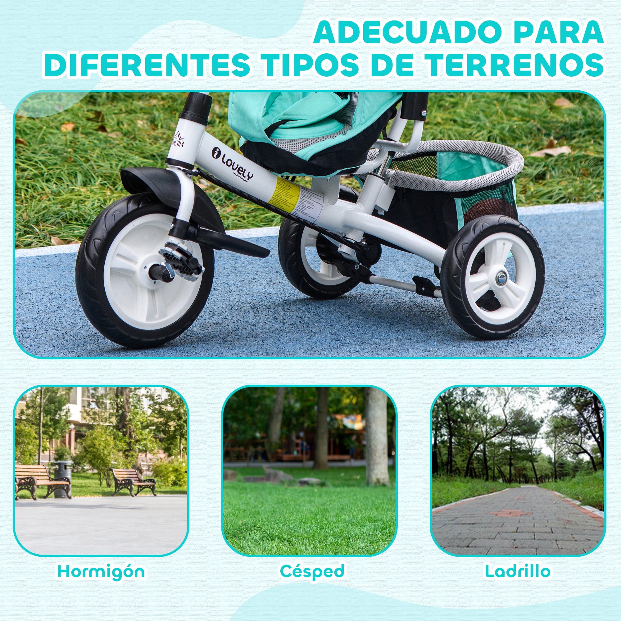 Un triciclo blanco con asiento y bolsa turquesa sobre diferentes superficies.