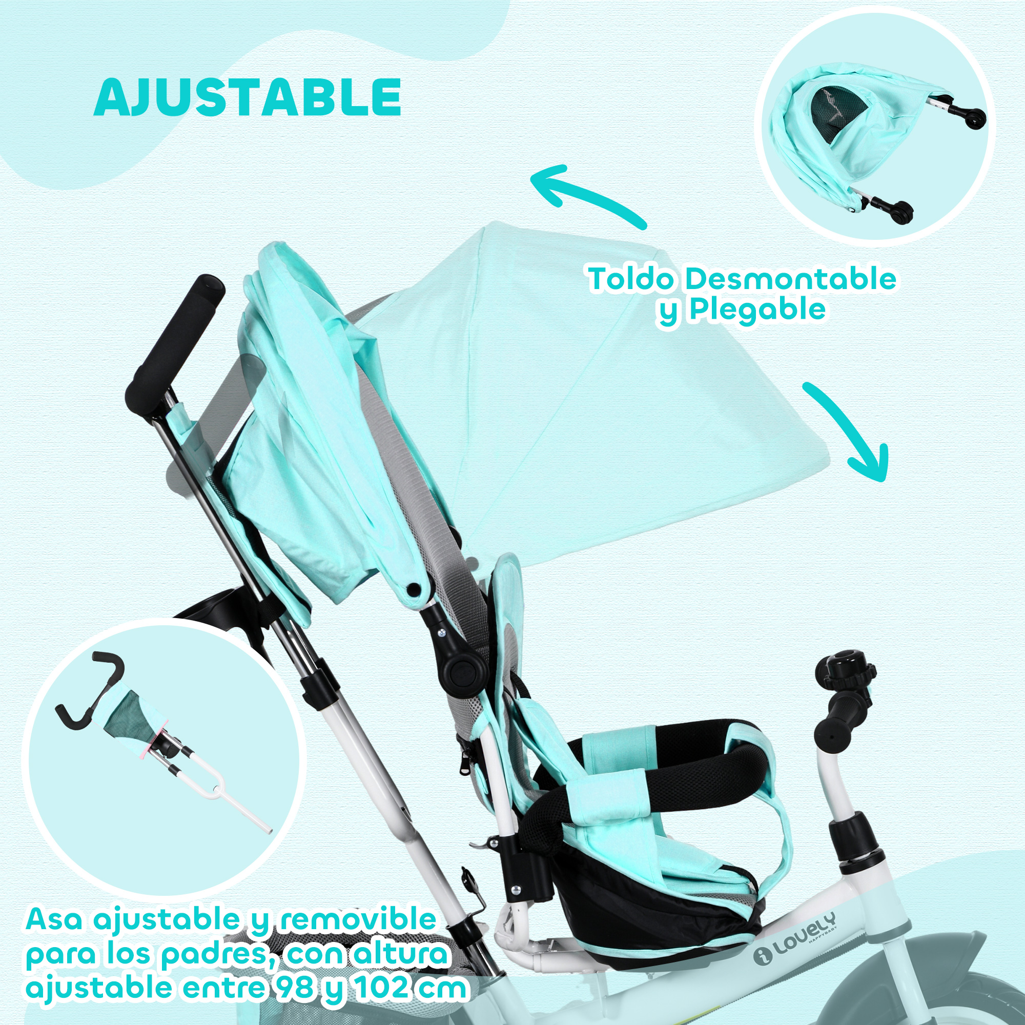 Un cochecito verde menta con manillar ajustable y capota desmontable.