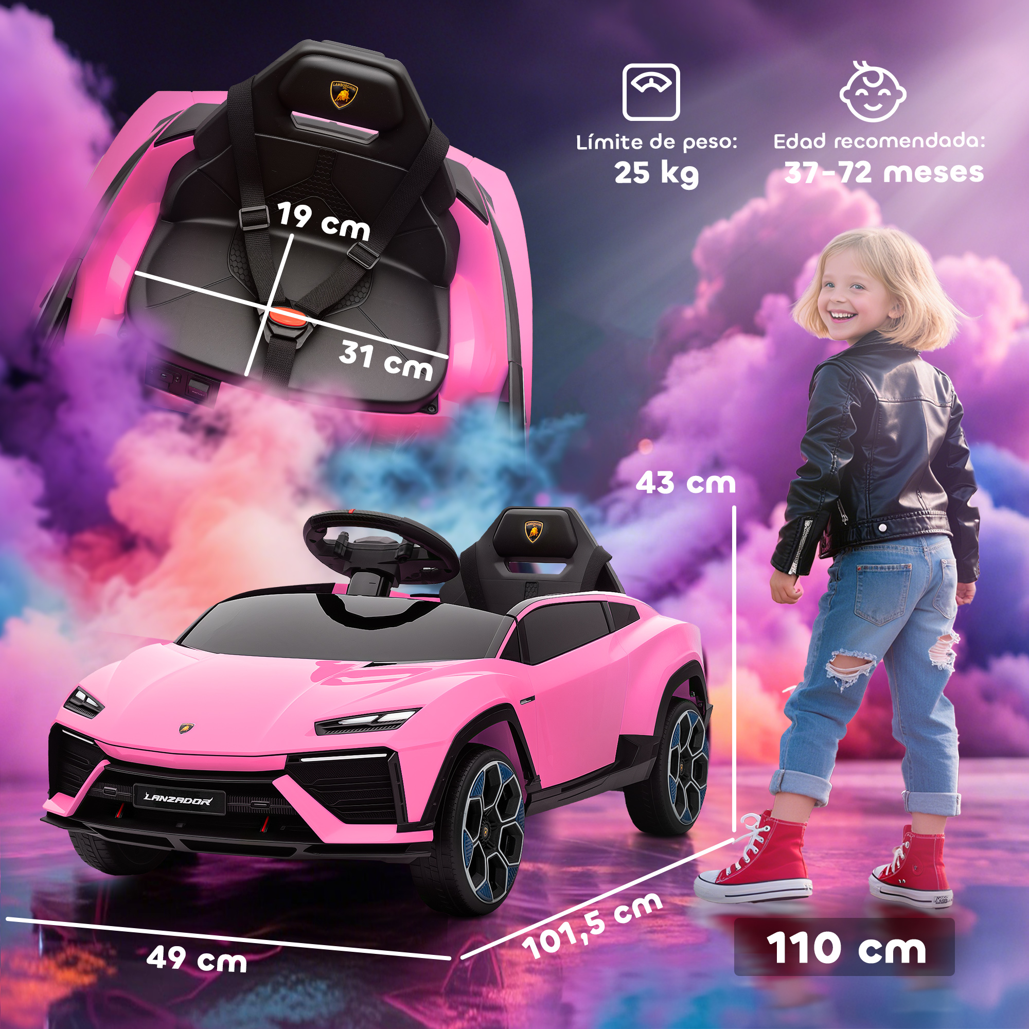 Un coche de juguete Lamborghini rosa con una niña al lado. Se muestran dimensiones.