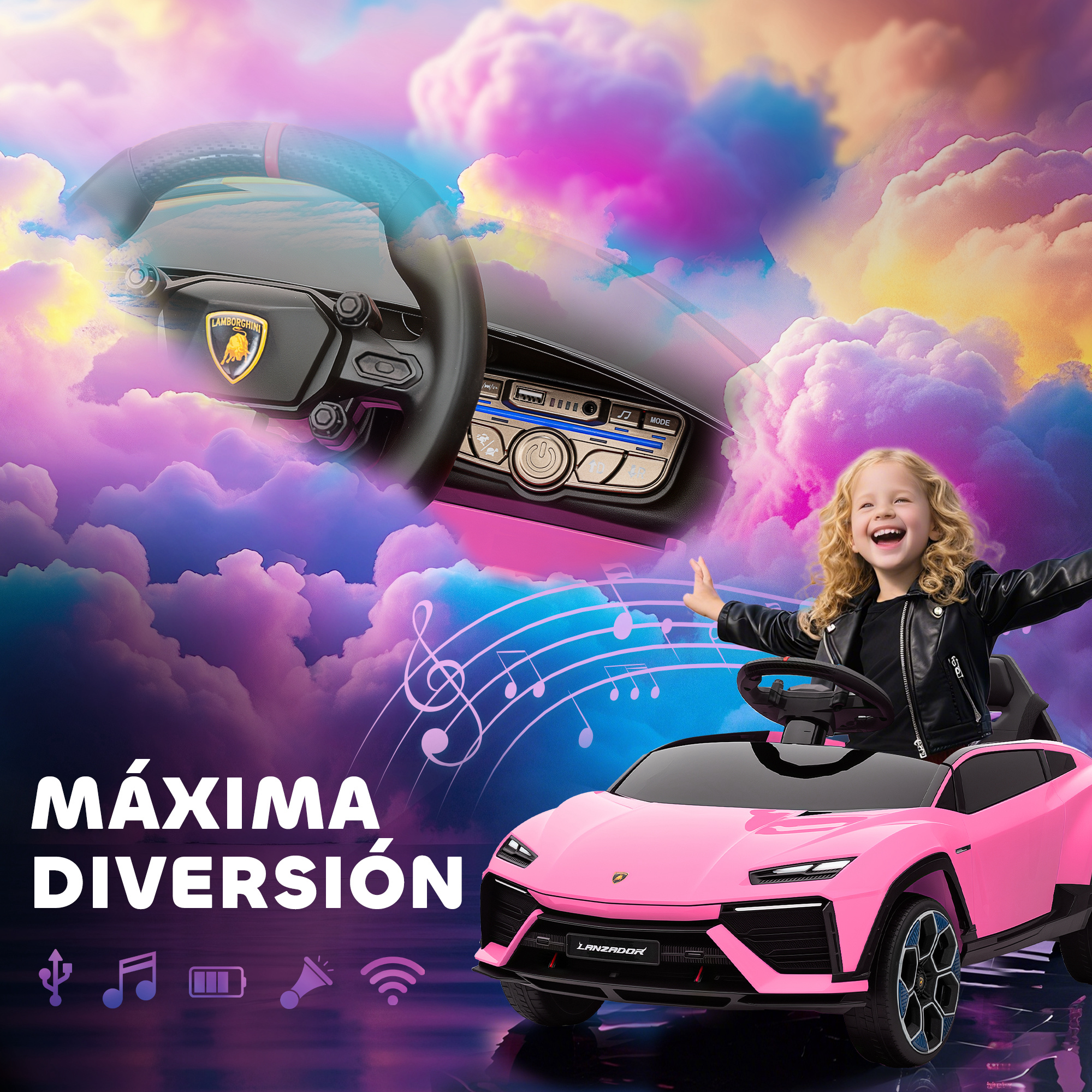 Una niña conduce un coche de juguete Lamborghini rosa ante un cielo dramático con nubes.