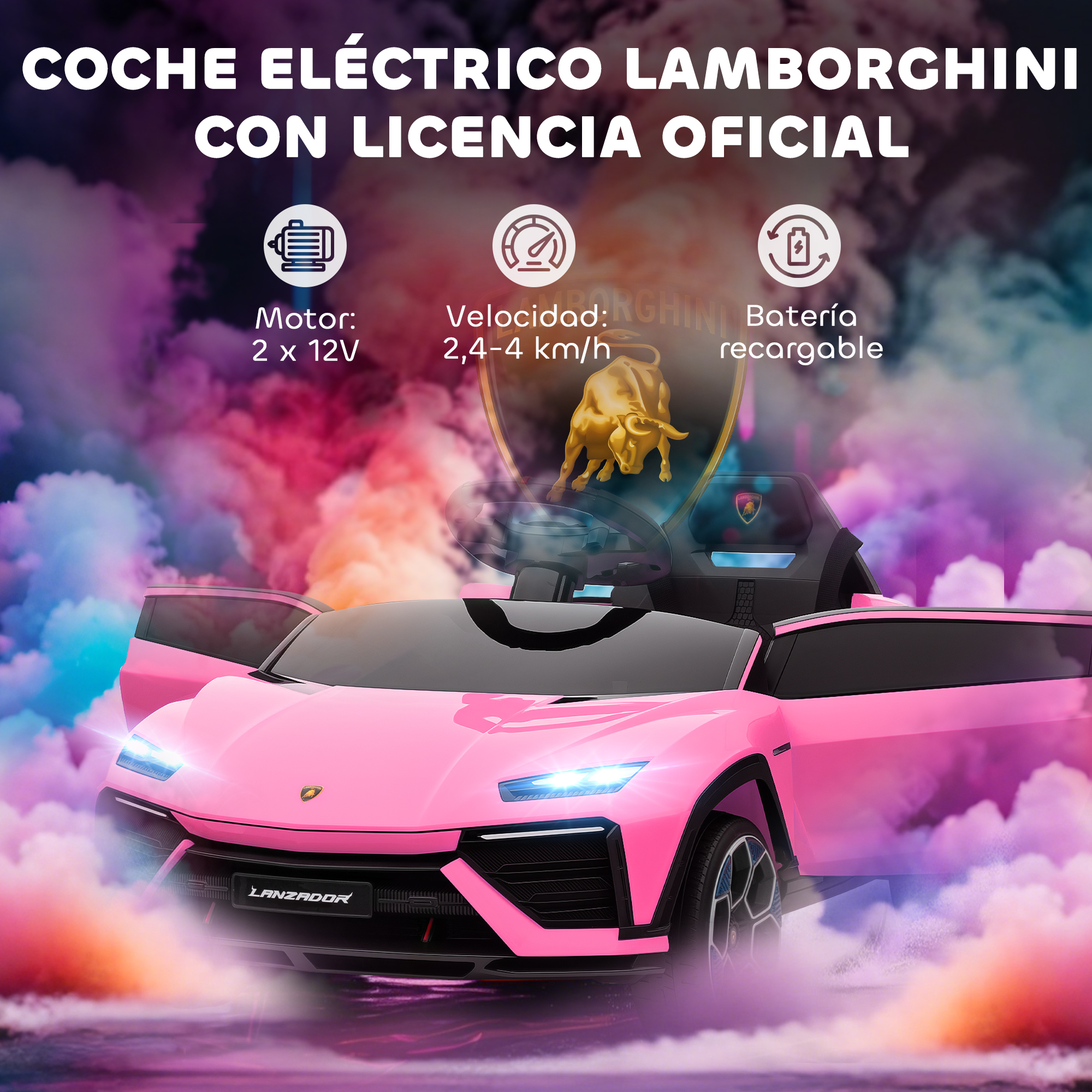 Un coche de juguete eléctrico Lamborghini rosa con humo y el logo de Lamborghini.