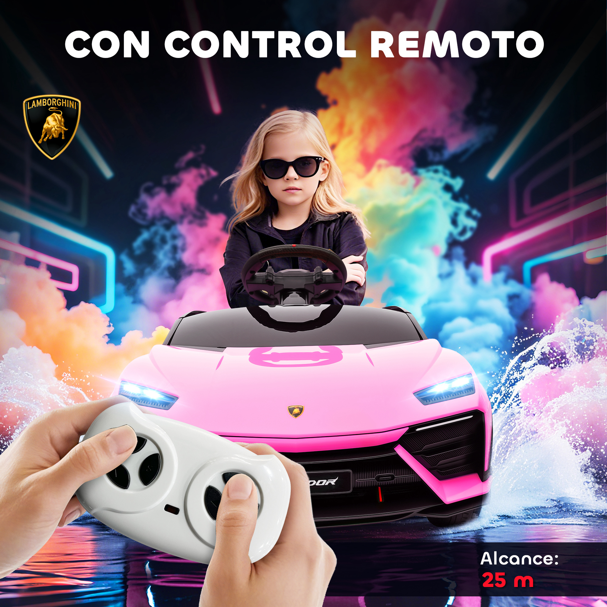 Una niña con gafas de sol se sienta en un coche de juguete Lamborghini rosa controlado por un mando.